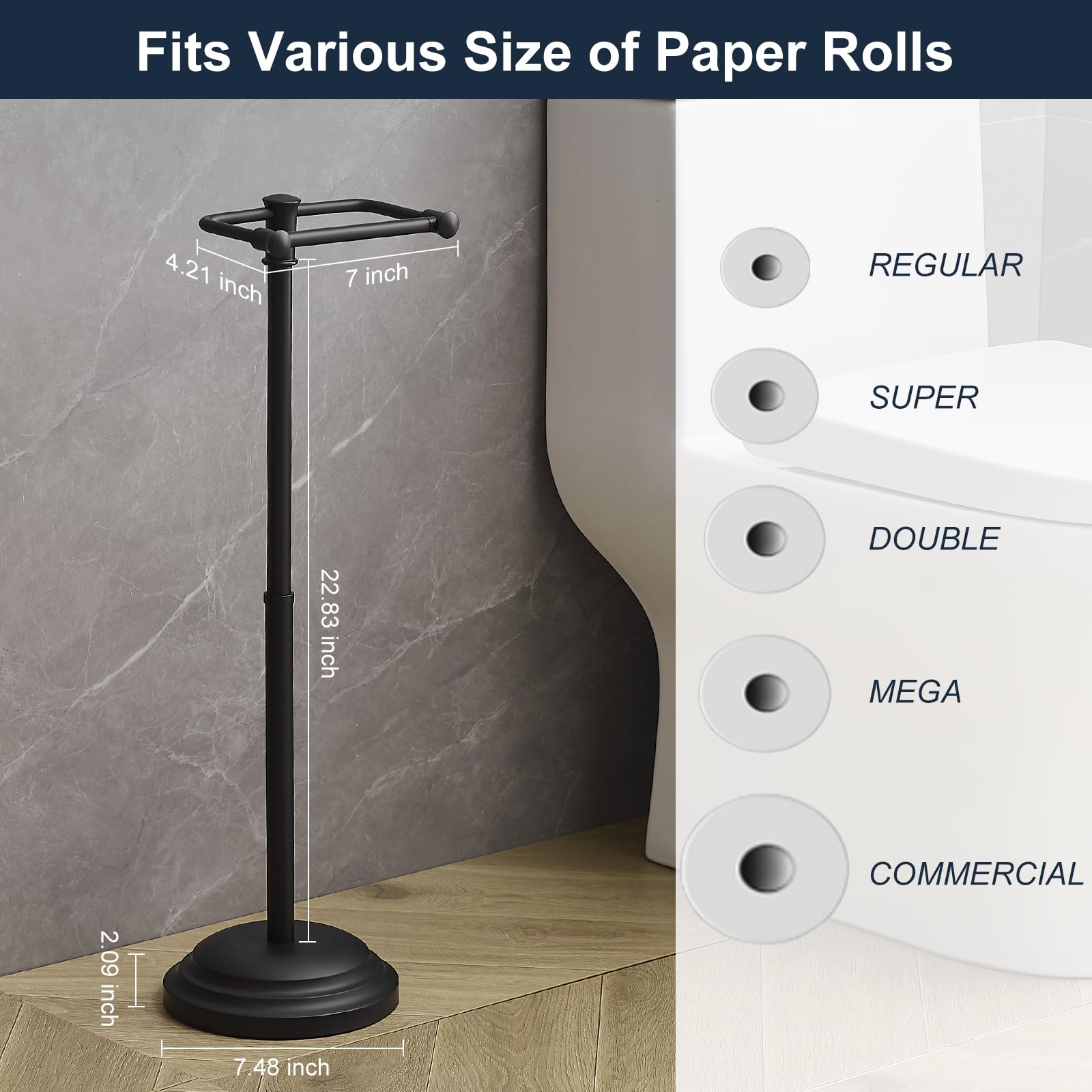Toilettenpapierhalter, verstellbar (34,5 cm bis 57,9 cm), freistehend, Toilettenpapierhalter, Edelstahl, mit Aufbewahrung, Mattschwarz
