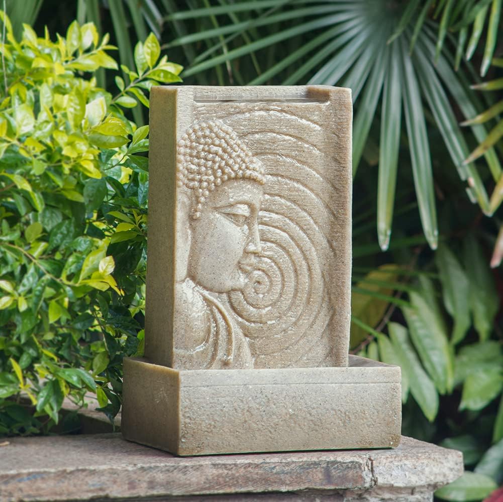 Small Water Fountain Indoor, 14" Buddha Water Fountain with LED Light and Circular Water Flow for Good Luck for Indoor Home Office Tabletop and Outdoor Decor