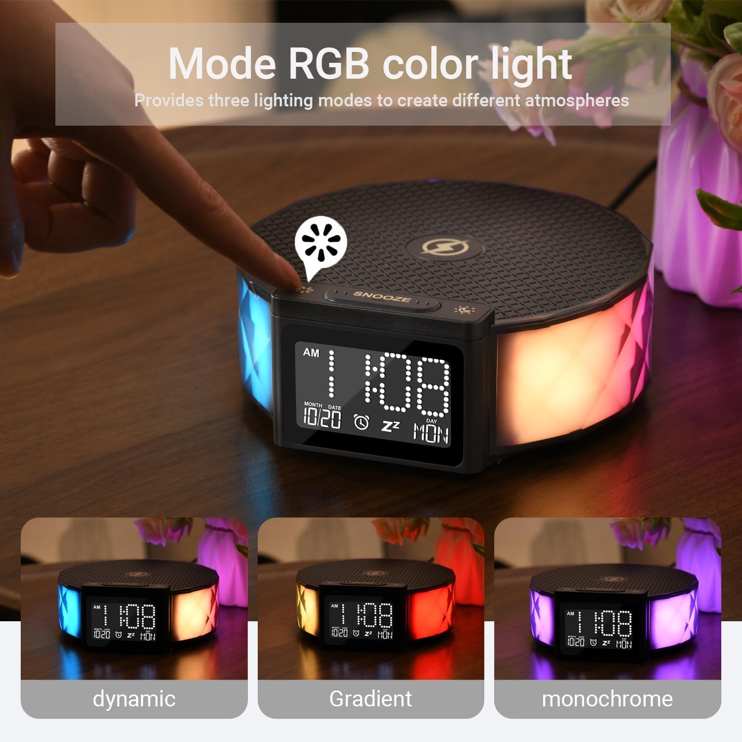 Nachttischlampe mit Ladefunktion RGB Dimmbar Touch Tischlampe Stimmungslicht 15W Wireless Charger Tageslichtwecker 3 Helligkeitsstufen Nachtlicht für Schlafzimmer Kinderzimmer Wohnzimmer Büro, Schwarz