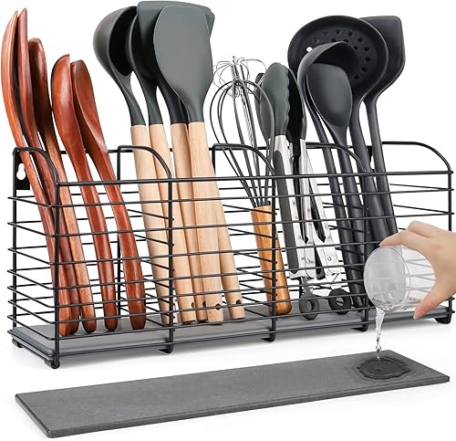 Miniatura 7 de Soporte grande para utensilios para encimera de cocina, diseño estético de 11.8 x 6.7 x 4.7 pulgadas, 3 compartimentos, organizador de utensilios de