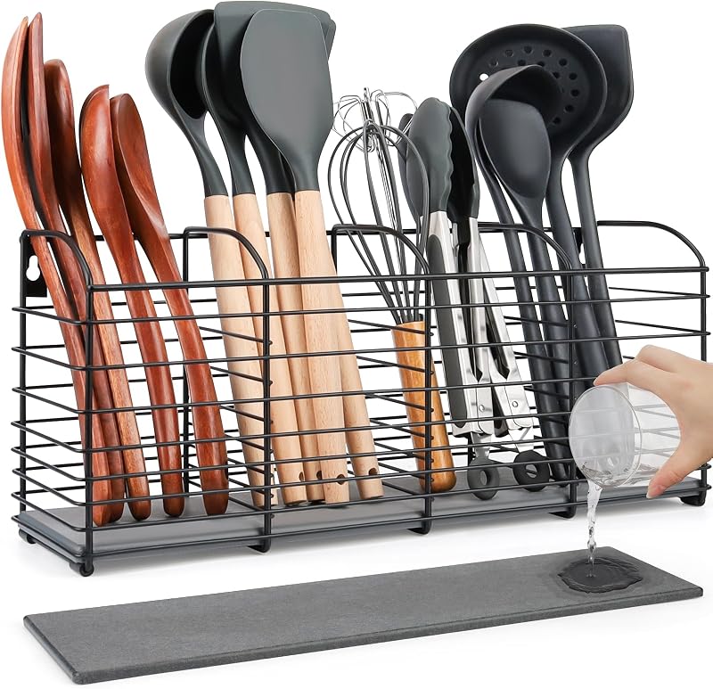 Large Kitchen Utensil Holder 4-Compartment with Diatomaceous Earth Base | 15.7"x 6.7"x 4.4", Dries moisture quickly, Organizer for Cooking Tools, Aesthetic Matte Black Design for Kitchen Counter