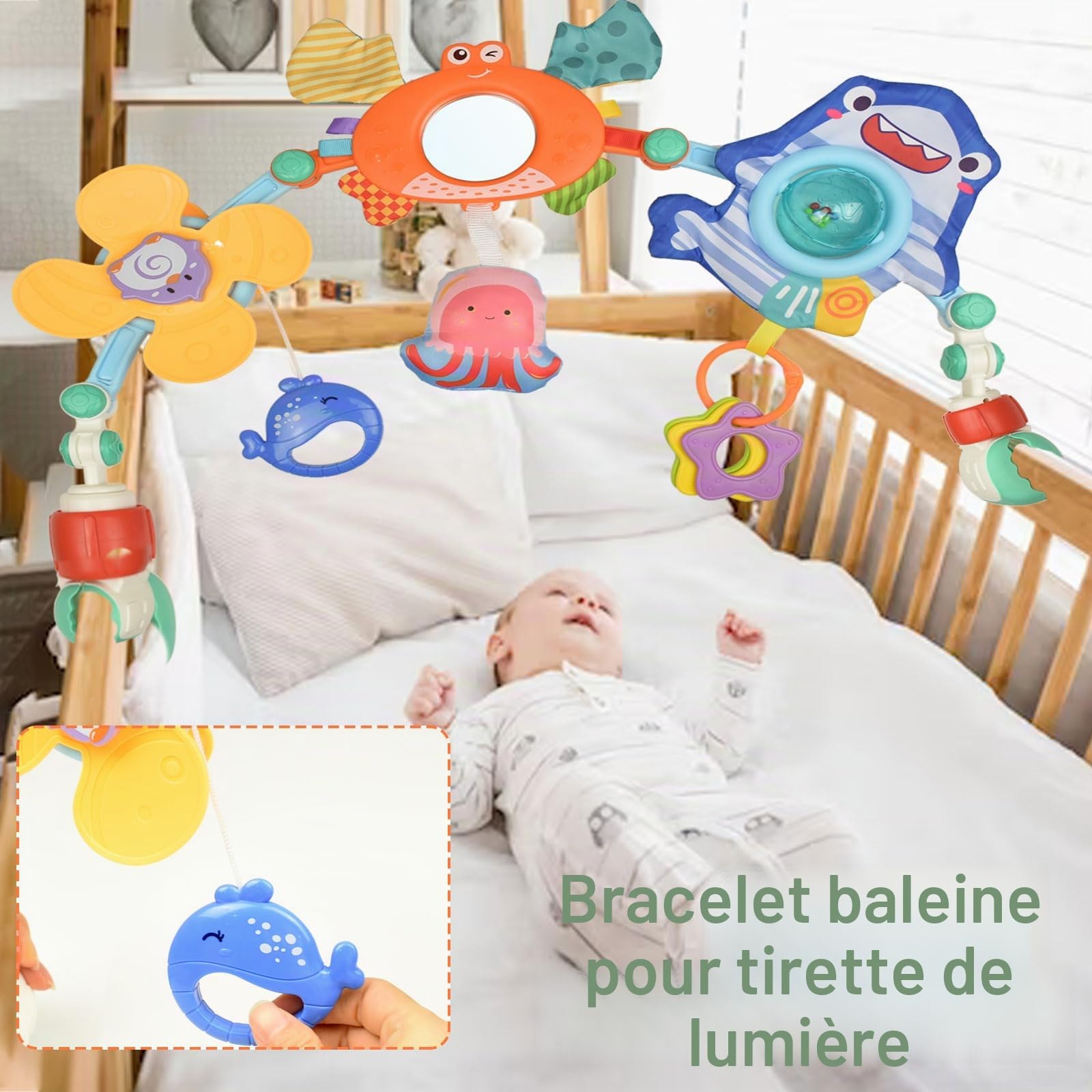 Arche Eveil Bebe, Réglable Arche D'activités pour Bébé avec Hochet Moulin à Vent, Arche Poussette Bebe pour Plupart Poussettes, Jouets D'éveil Bebe Cadeau pour 0 3 6 12 Mois Garçon Fille