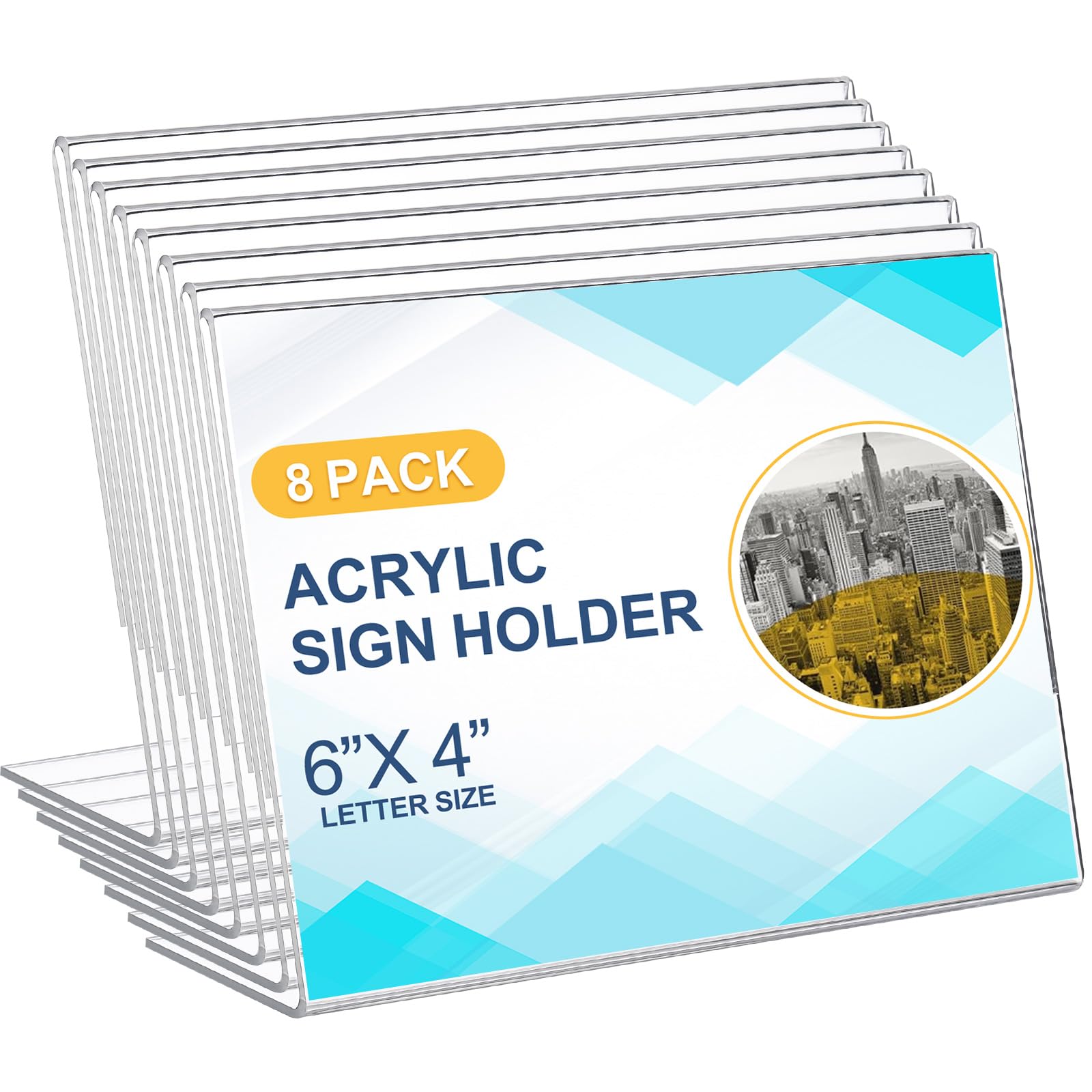 Qilery 8 Pcs Acrylic Horizontal Sign Holder Clear Display Stand Frame Table Top Slant Back Plastic Sign Holder Flyer Document for Menu Workers Teachers Office School Desktop (6 x 4 Inch)