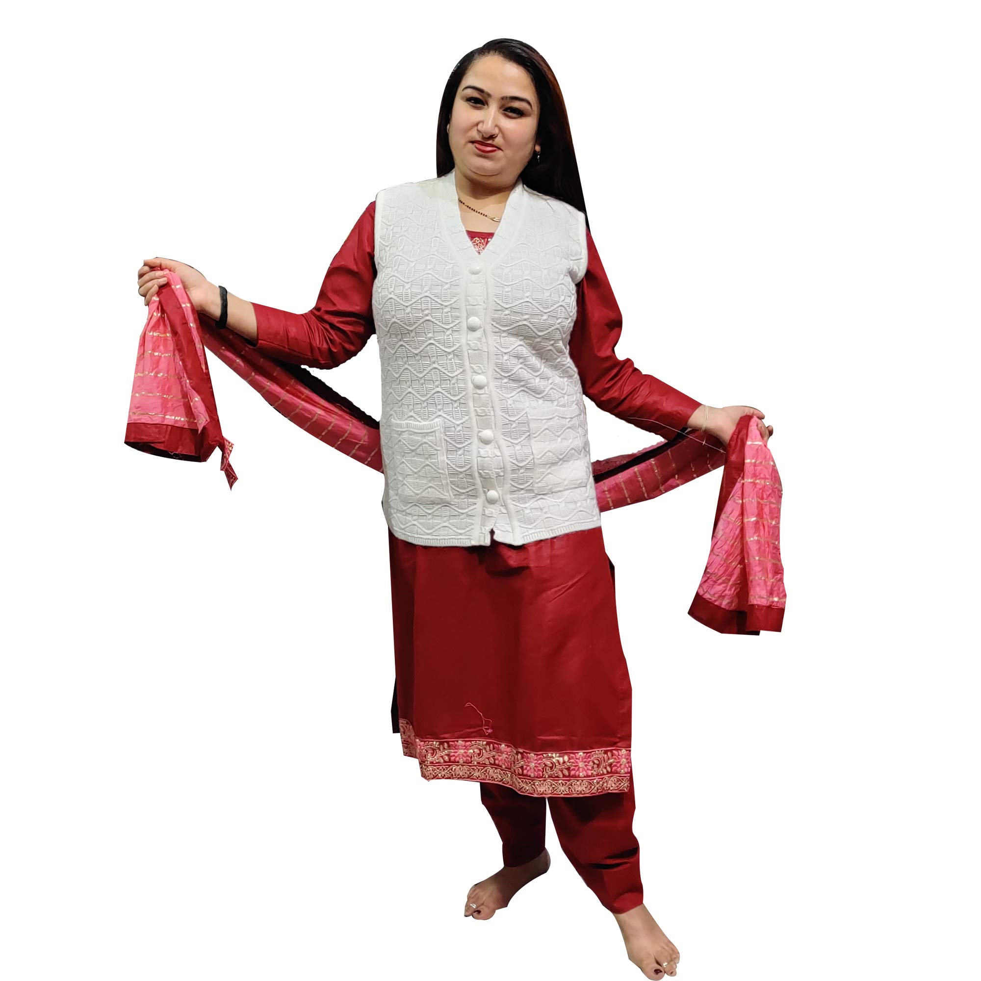 Women's Wool V-Neck Cardigan (PUREWOOLRAINBOWSEMIHALFSLEEVECOTTY_White_XL)-image-37