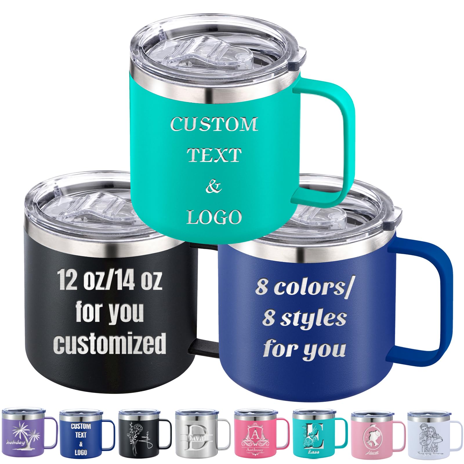 Akmxem Personalised Travel Coffee Mug 350ml/410ml (12oz/14oz) with Lid and Handle Custom Engraved Insulated Stainless Steel Coffee Tumbler Tea Cup with Text Logo Photo Gifts for Women Men