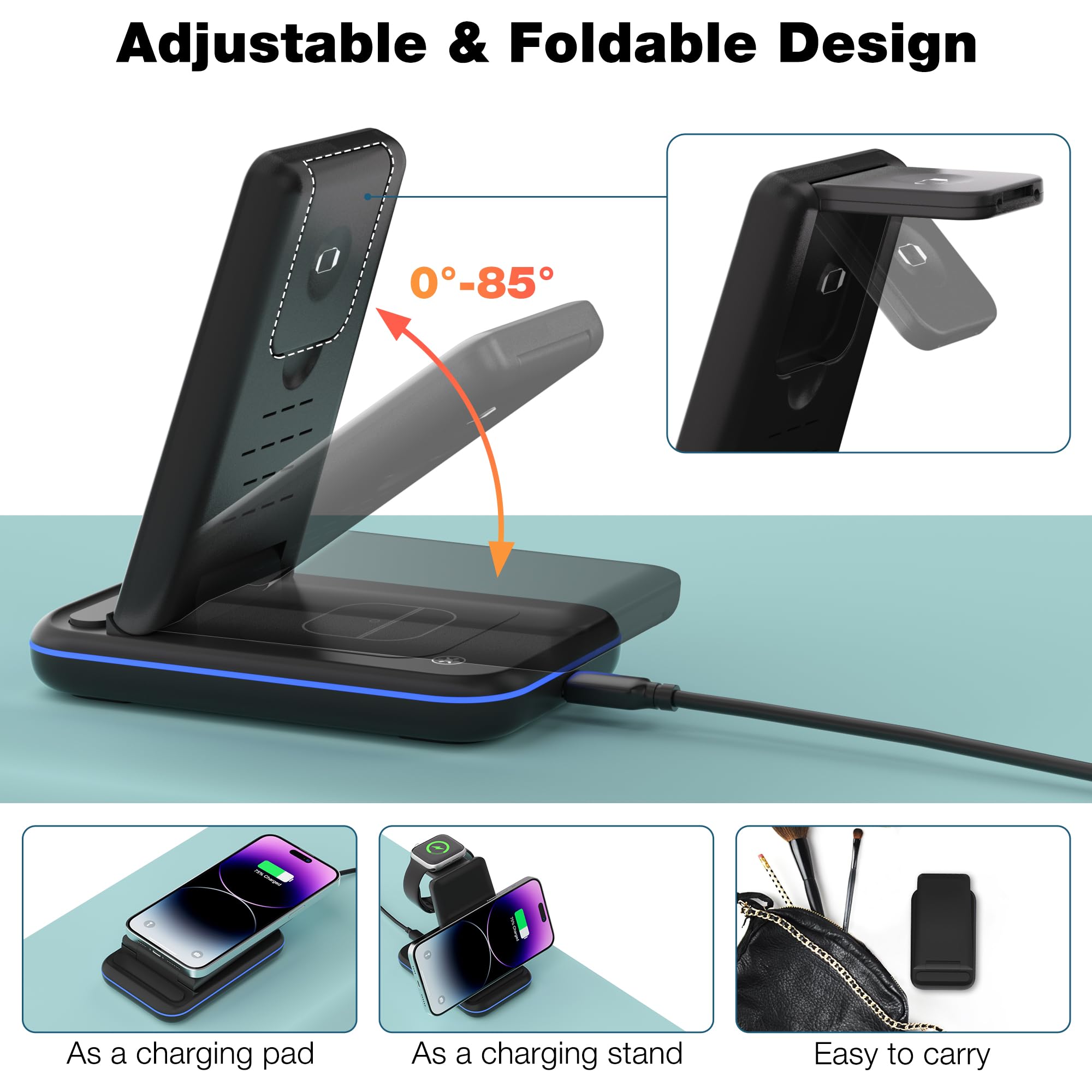 Caricabatterie wireless per iPhone/Samsung, pieghevole 3 in 1 stazione di ricarica veloce/supporto/caricatore multiplo per serie iPhone