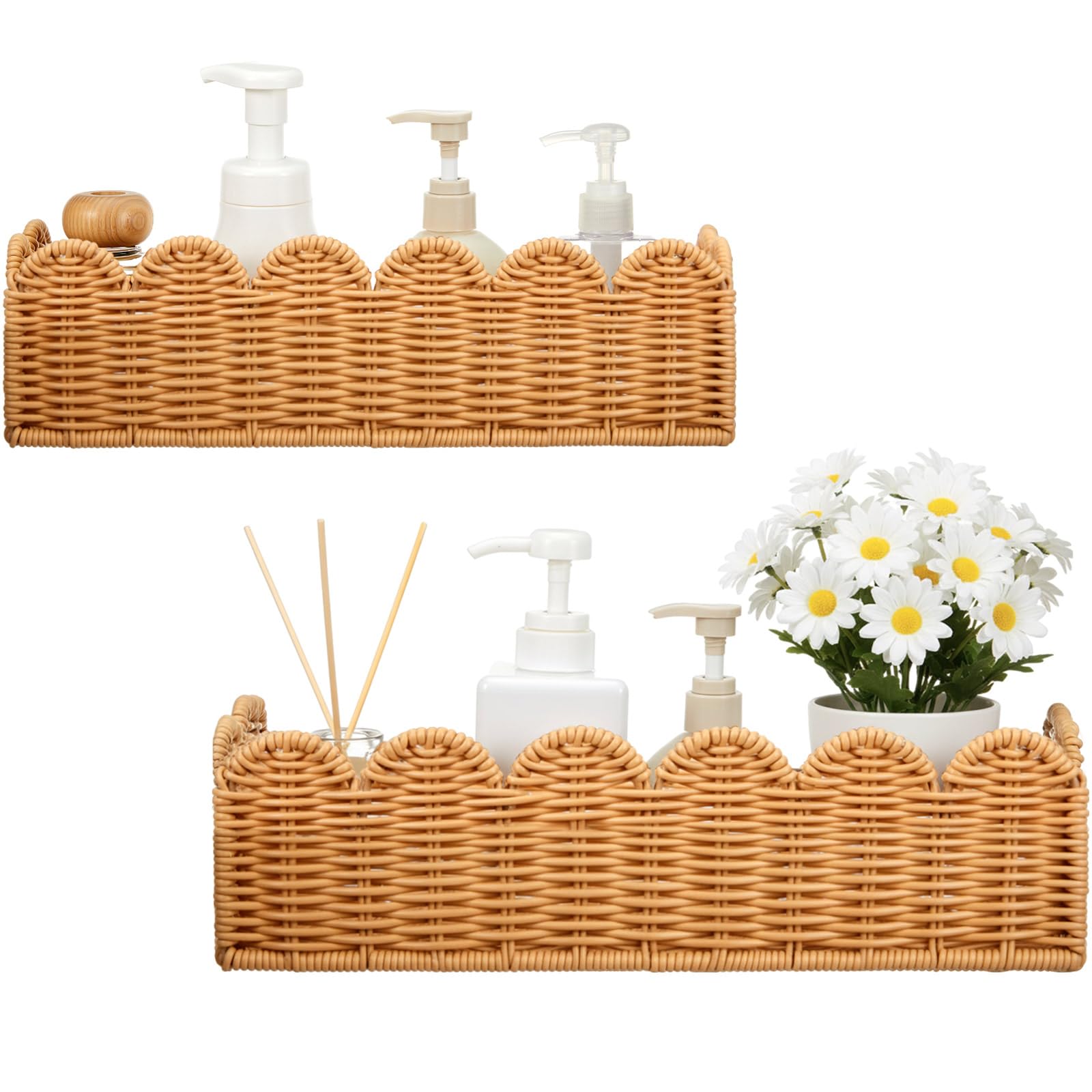 Ripeng 2 Pcs Scalloped Hanging Shower Caddy Wicker Wall Bathroom Shelves Waterproof Shower Shelves for Cosmetics Toiletries Organization