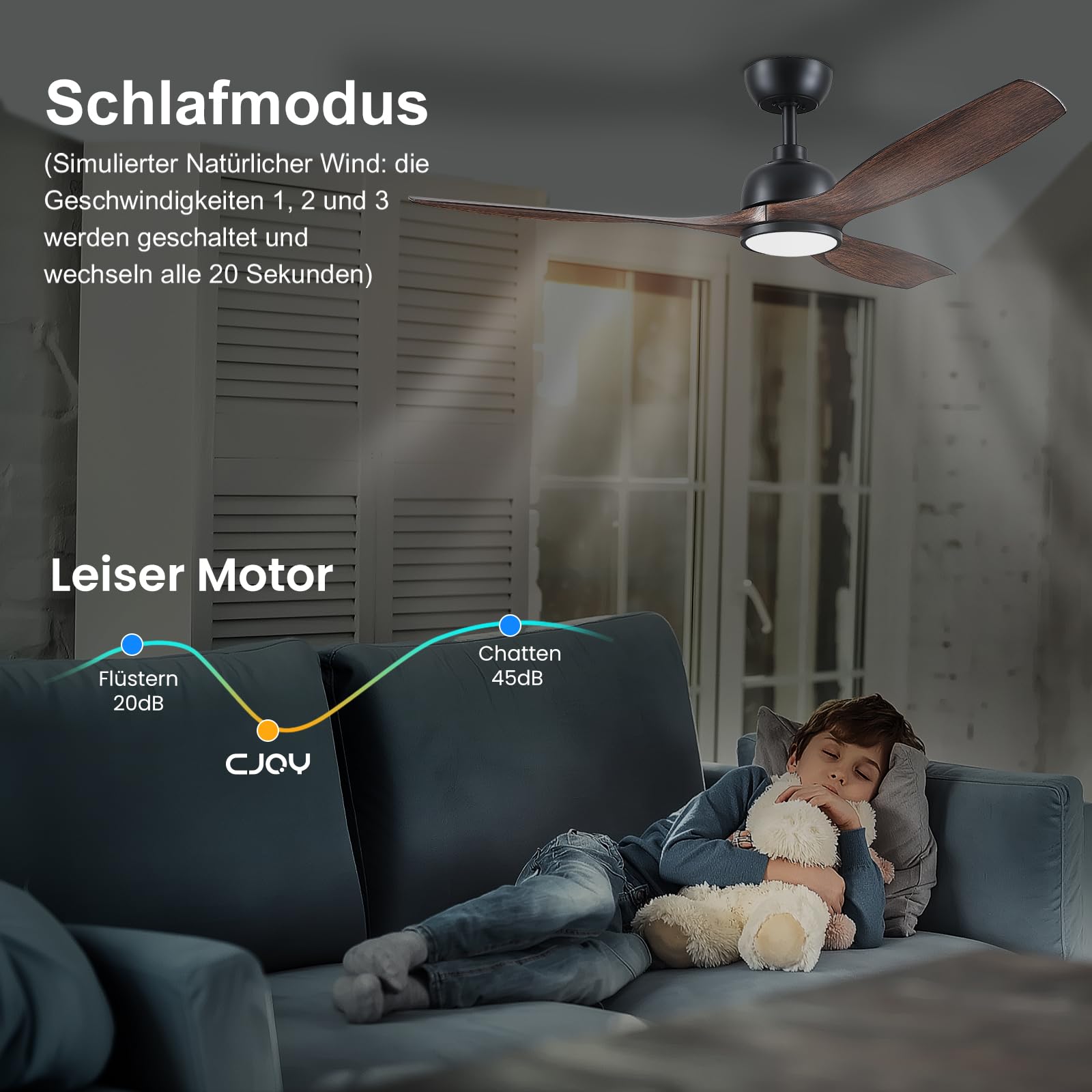 CJOY Deckenventilator mit Beleuchtung 132cm, leise, 6 Geschwindigkeiten, umkehrbar, dimmbar, Holz, für Schlafzimmer