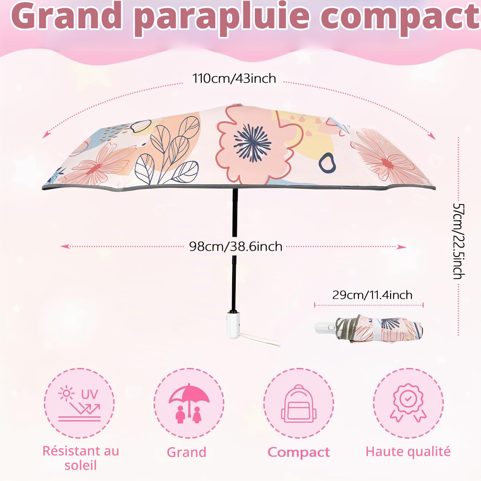 decalsweet Parapluie Pliant Enfant, Parapluie Compact Automatique | Anti-UV,Léger,Anti-Rebond,avec Bande Réfléchissante,Mini Parapluie de Voyage,Fille,Garçon,avec Housse,Portable,Robuste Stable
