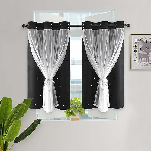 Kinryb Cortinas cortas con recorte de estrellas para niñas, cortinas cortas para ventana pequeña, dormitorio, cortinas superpuestas de estrellas