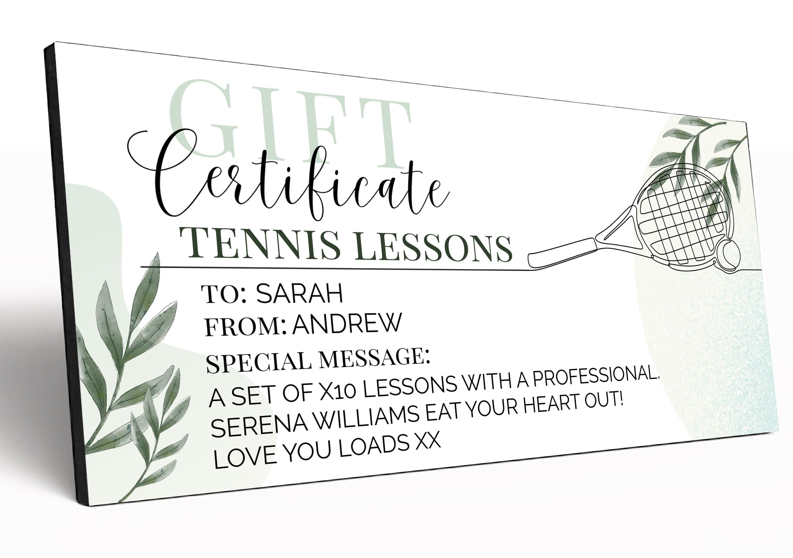 The Plum Penguin Customisable Gift Certificate 6mm MDF Personalised Gift Voucher Experience Event Gift Elegant Botanical Design (Tennis Lessons)