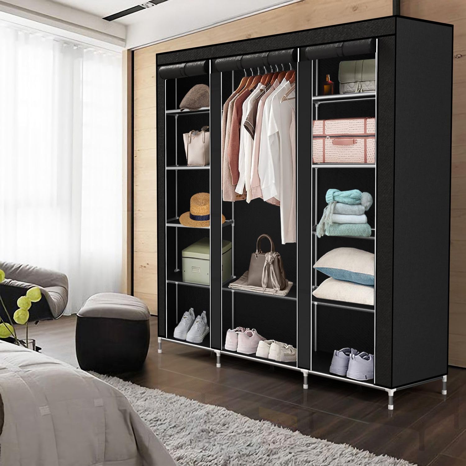 Intirilife Armoire de Rangement Pliable 150x175x45 cm en Noir Corbeau - Penderie Dressing Textile en Tissu Intissé avec Fermeture à Glissière - Garde-Robe Placard Camping