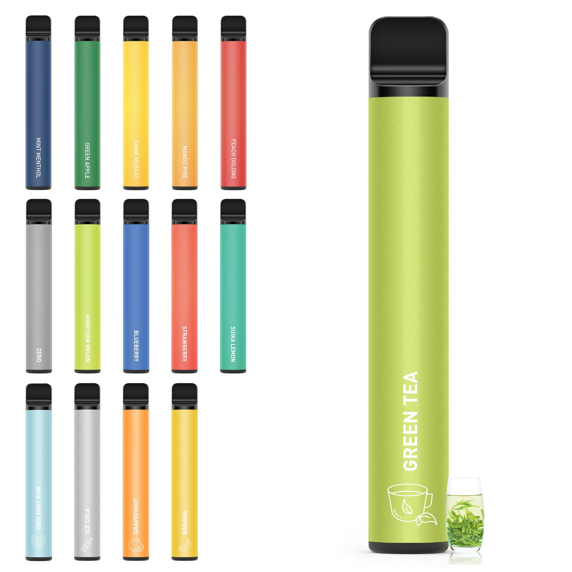 KINOE 電子タバコ 使い捨て グリーンティー VAPE 1500回吸引可能 1本 プレミアムフレーバー 爆煙 大容量 水蒸気タバコ 禁煙 ニコチンゼロ ビタミン入り リキッド メンテナンス不要 オートスイッチ ベイプ