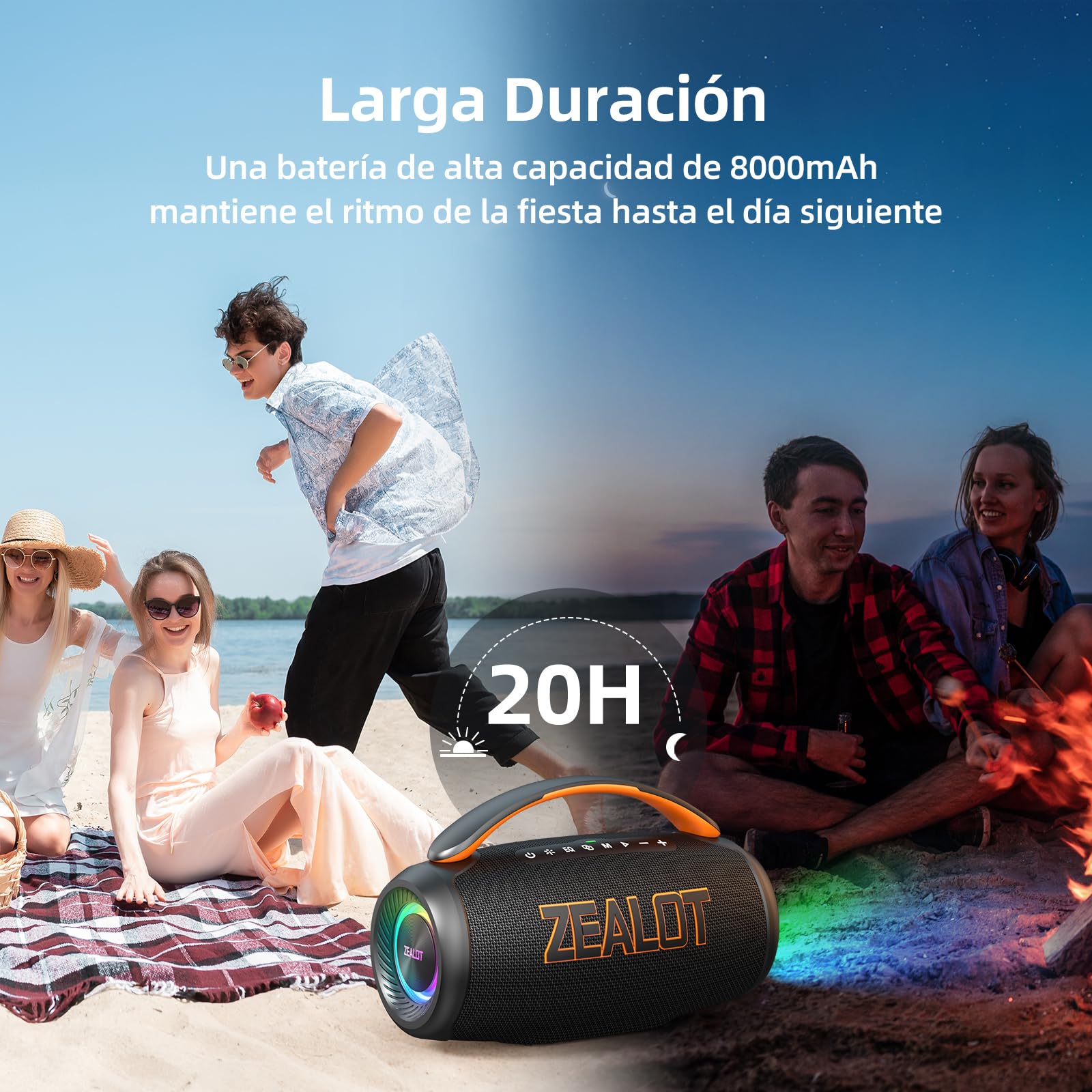 Zealot Altavoz Portátil con Potente Sonido 60W, Luces Led y Bluetooth 5.3, Resistente al Agua IPX6 para Exterior, Sonido Estéreo, 20H de Duración de La Batería, Negro