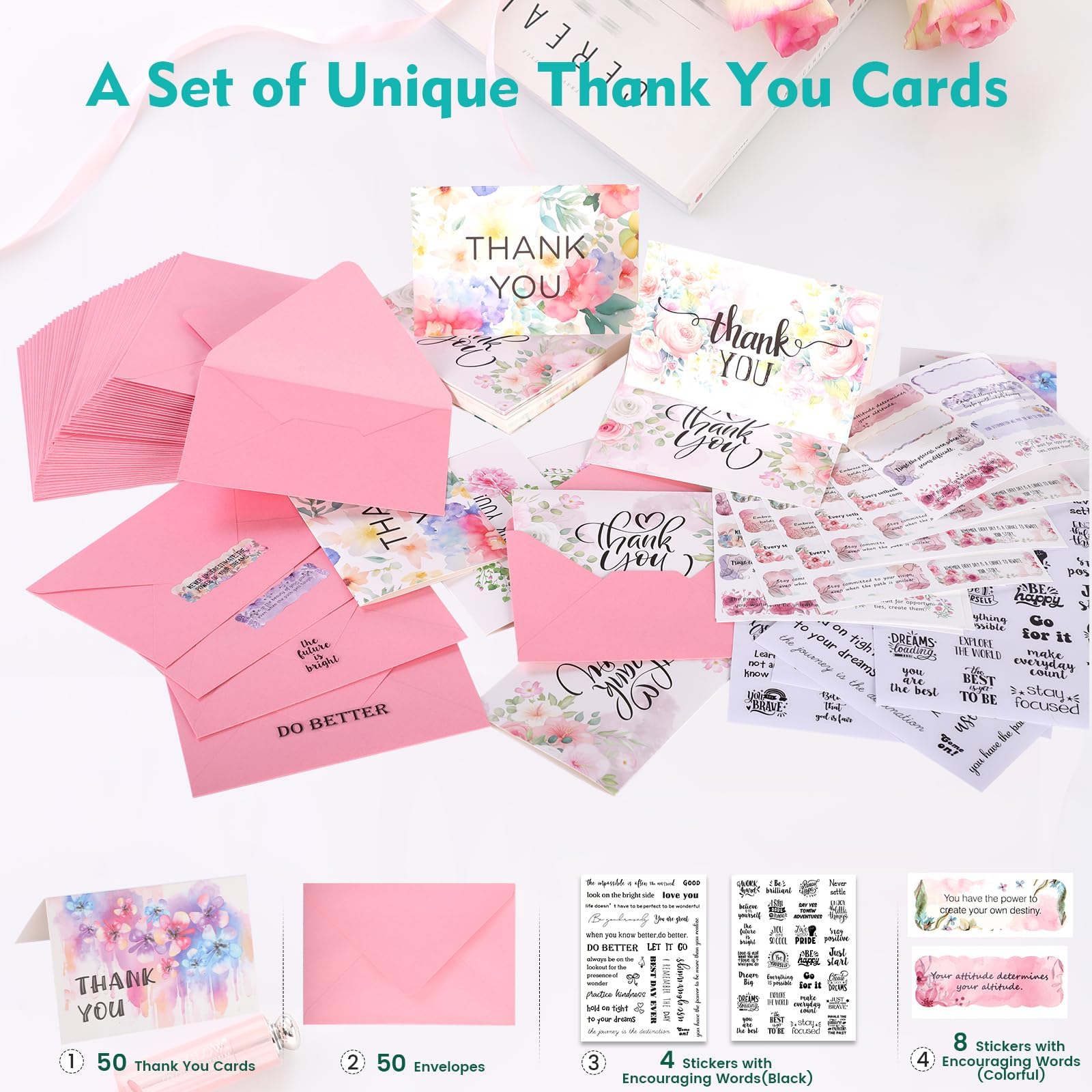 Thank You Cards Multipack Set, 50 PCS Floral Design Thank You Notes with Envelopes and Stickers for Teachers Wedding - Image 2