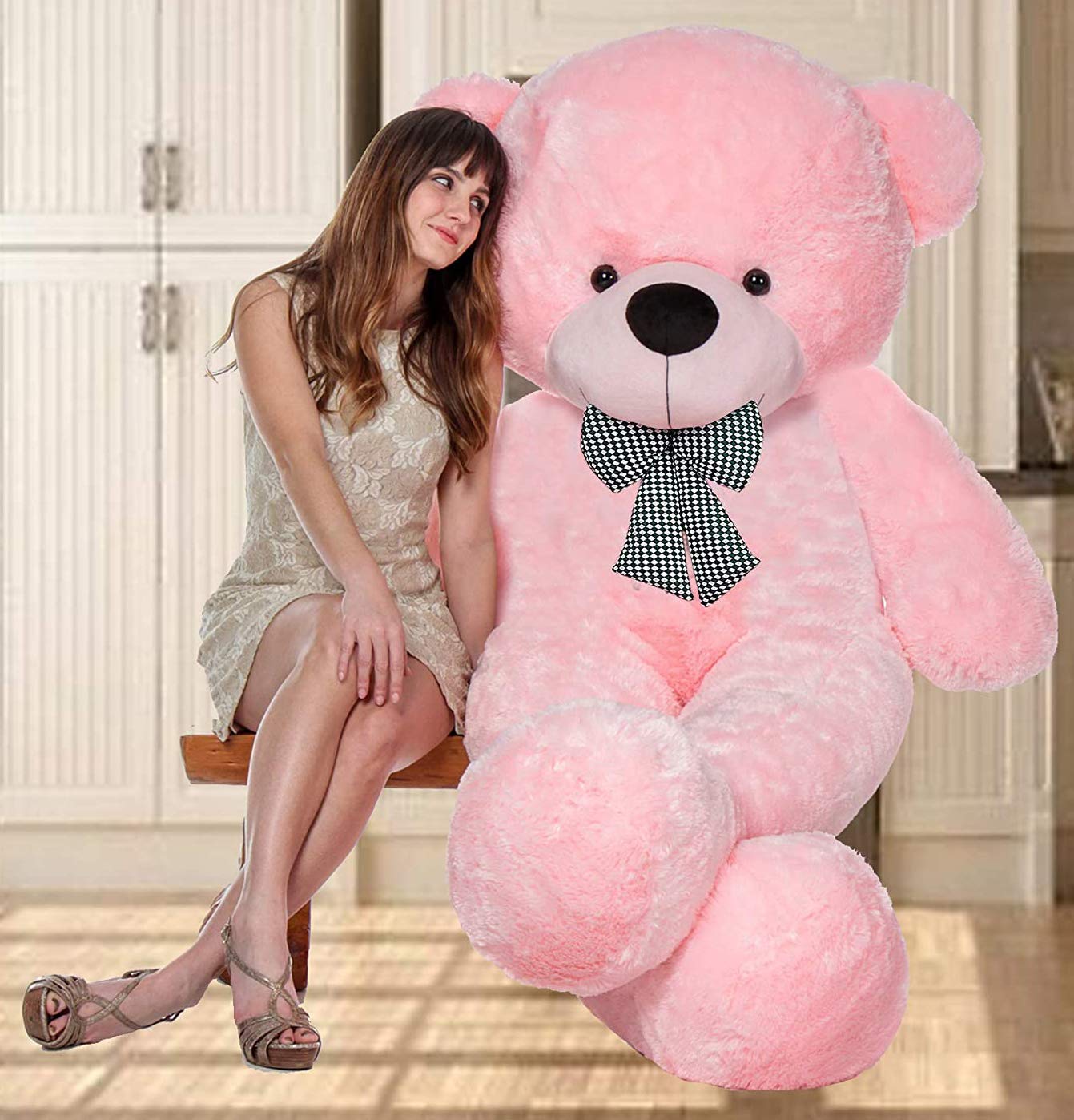 AVSHUB Teddy Bear with Neck Bow for Girls, Soft Toys for Girls & Kids Lovable & Huggable Stuffed Spongy Plush Toy for Special Occasion Birthday, Anniversary, Valentine's Day (3 Feet) (Pink)