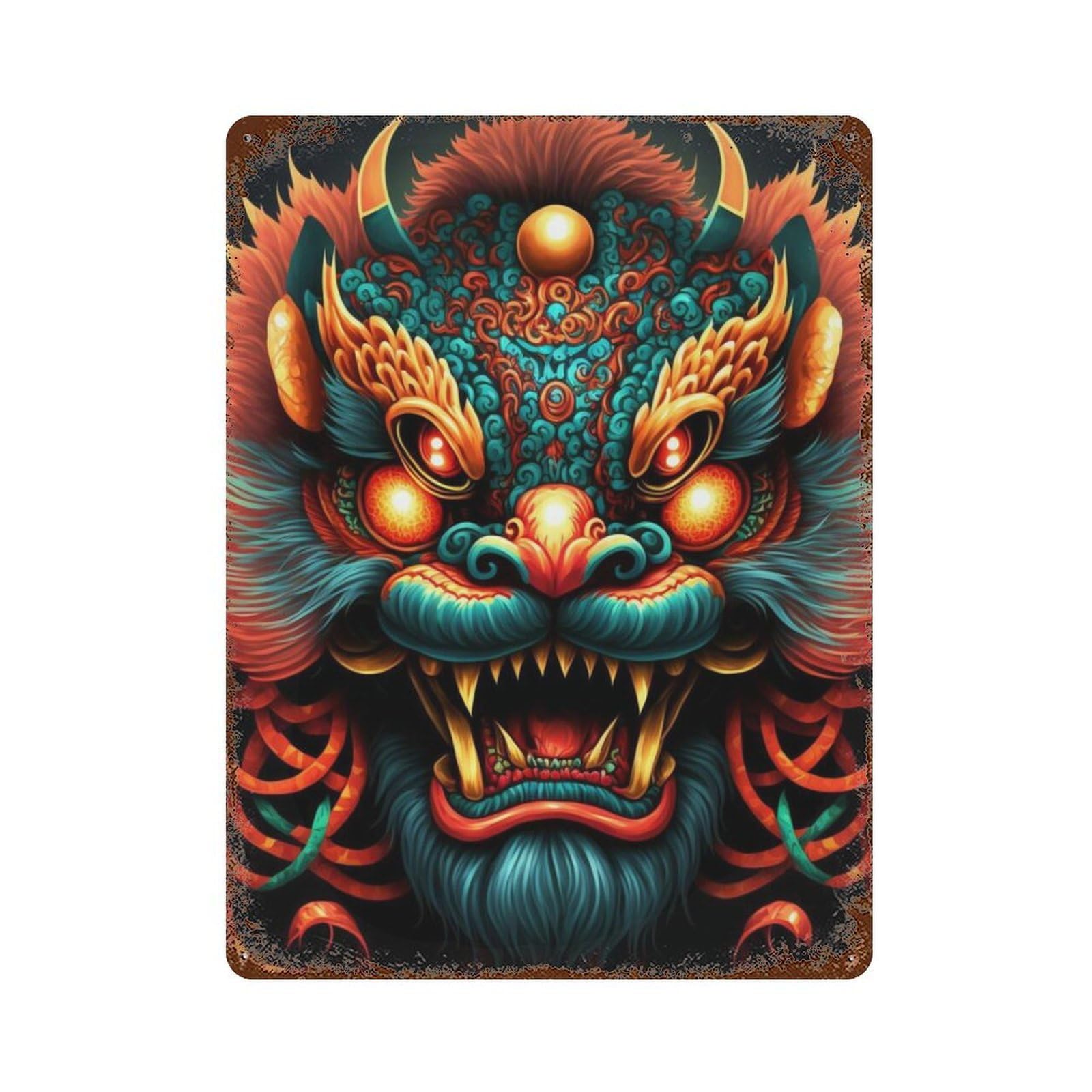 Rust Effect Chinese Mythical Creature Art Print Distressed Metal Wall Sign 15.7"x11.8", Farmhouse Wall Decor for Office, Studio And Wall Decor