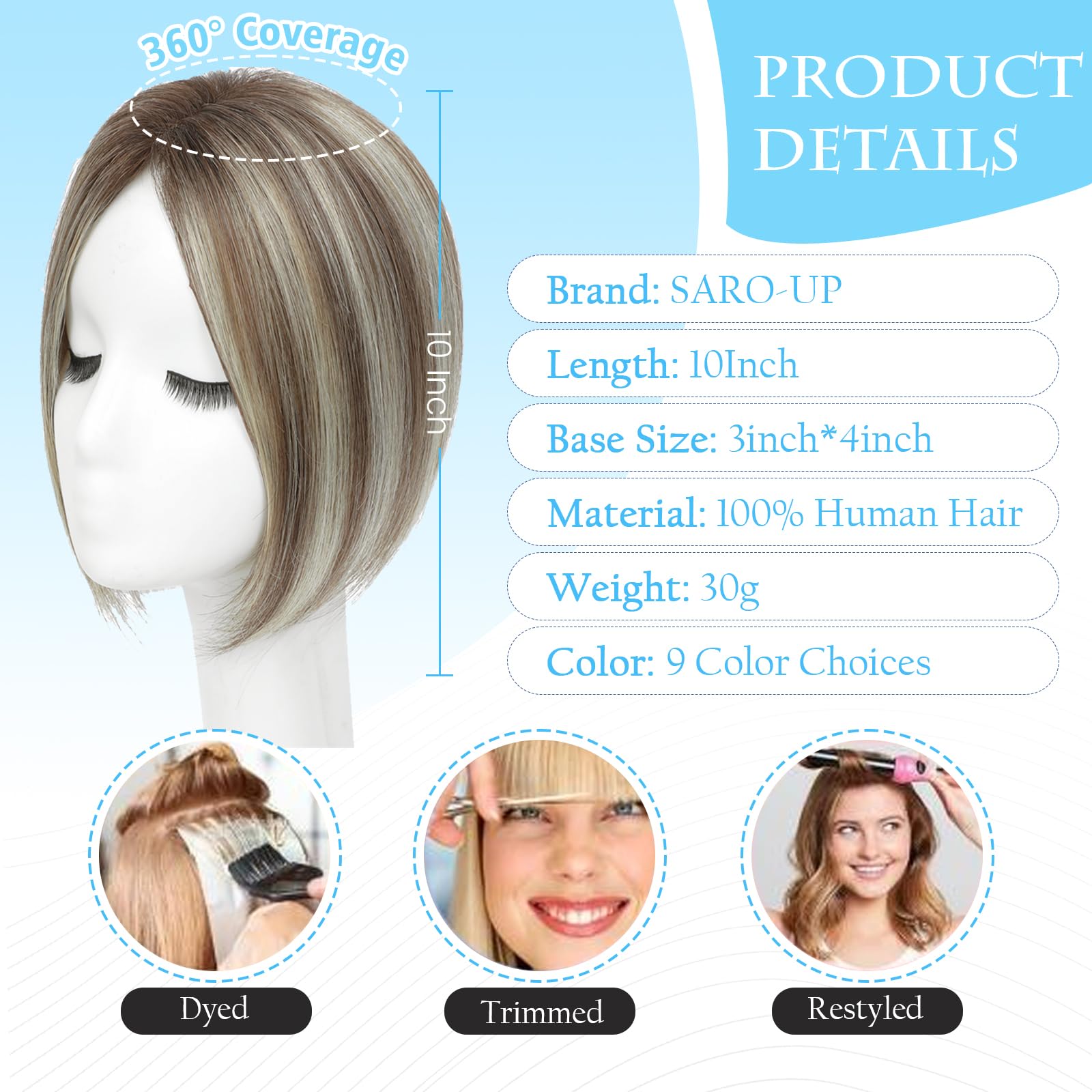 Hair Toppers with Thinning Hair Toppers for Women 100% Real Human Hair Pieces 7 * 10cm Hand-Tied Swiss Base Topper No Bangs 30g Hairpieces 10Inch (4T6/613#) - Image 2