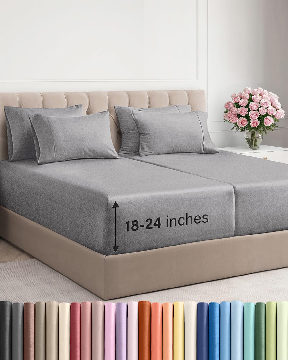 CGK Extra Deep Split King Sheet Set - 7pc Cooling Sheets - Heathered Grey