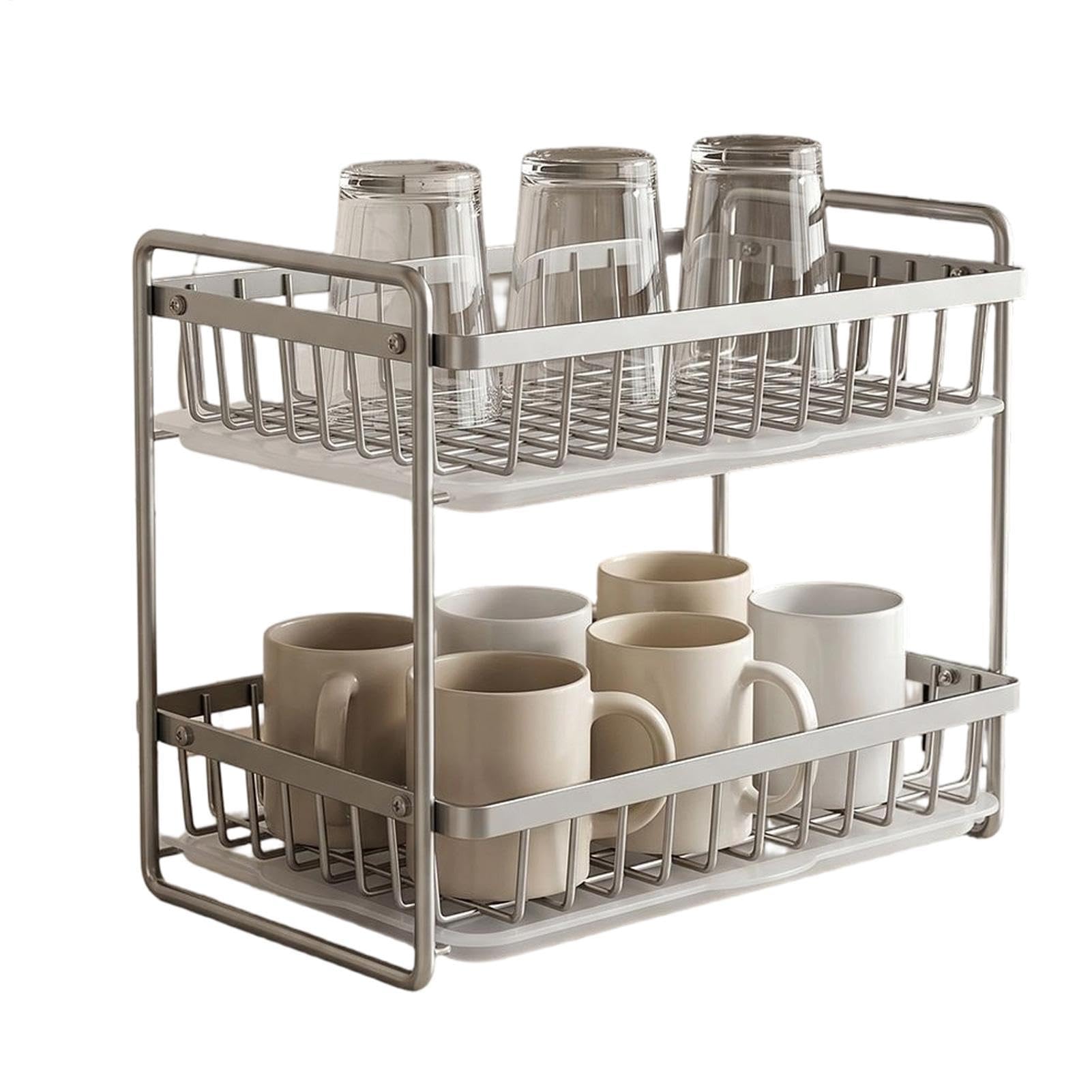 Escurridor de Vasos de Vidrio Estante de Acero Inoxidable de Dos Niveles | con Bandeja de Antihumedad para Especias para Tazas de Café, Platos y Botellas en Cocina,