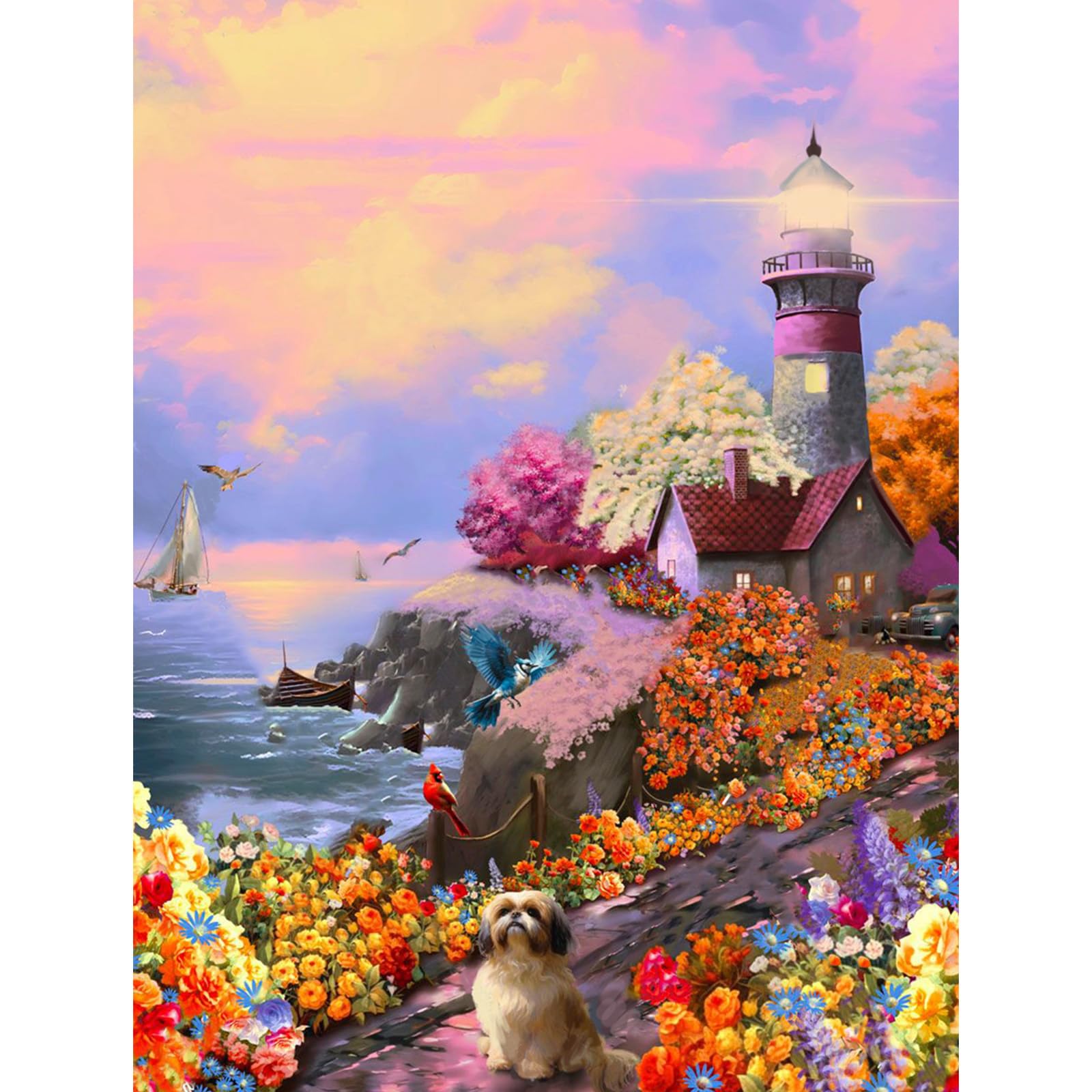 NAIMOER Phare Peinture Diamant Adulte, Diamond Painting Chien Complet, Diamant Painting Paysage Fleurs Enfants Diamant Strass Point de Croix Cristal Diamond Painting pour Home Décor 30x40cm