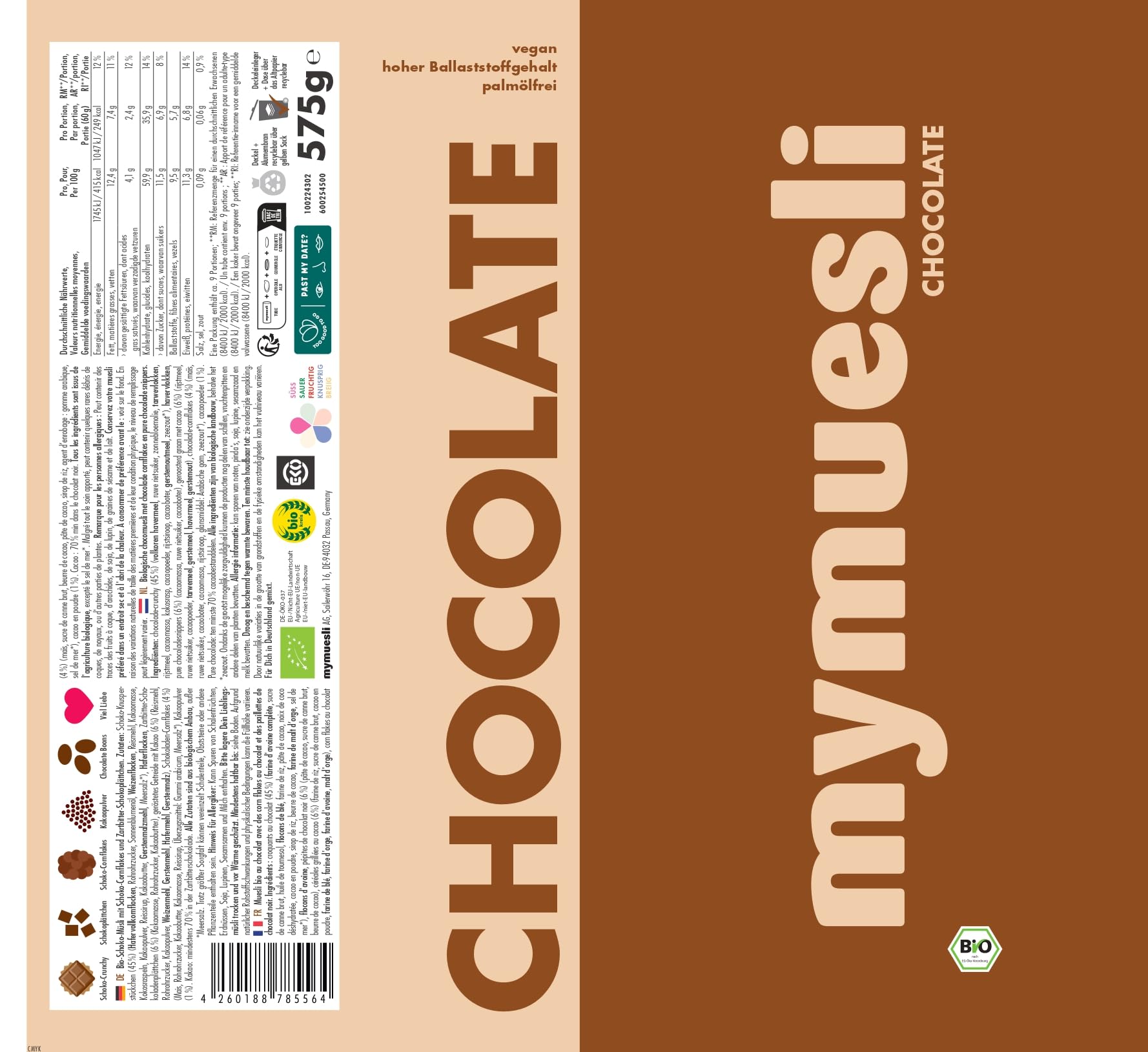 mymuesli 6er Schoko-Mix BIO Müsli (6x 575g) mit Chocolate, Super Choc, Choco Brownie, Choco Banana, Berry White Choc und Raspberry Dark Choc - Ohne Palmöl