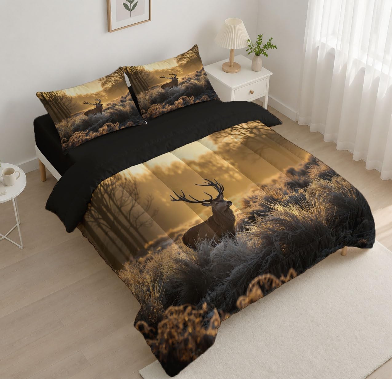 Winter Animals Comforter Set King Size, Forest Deer Print Breathable Bedding Set for Girls Boys Teens, Light Orange Quilt Duvet with 2 Pillow Cases