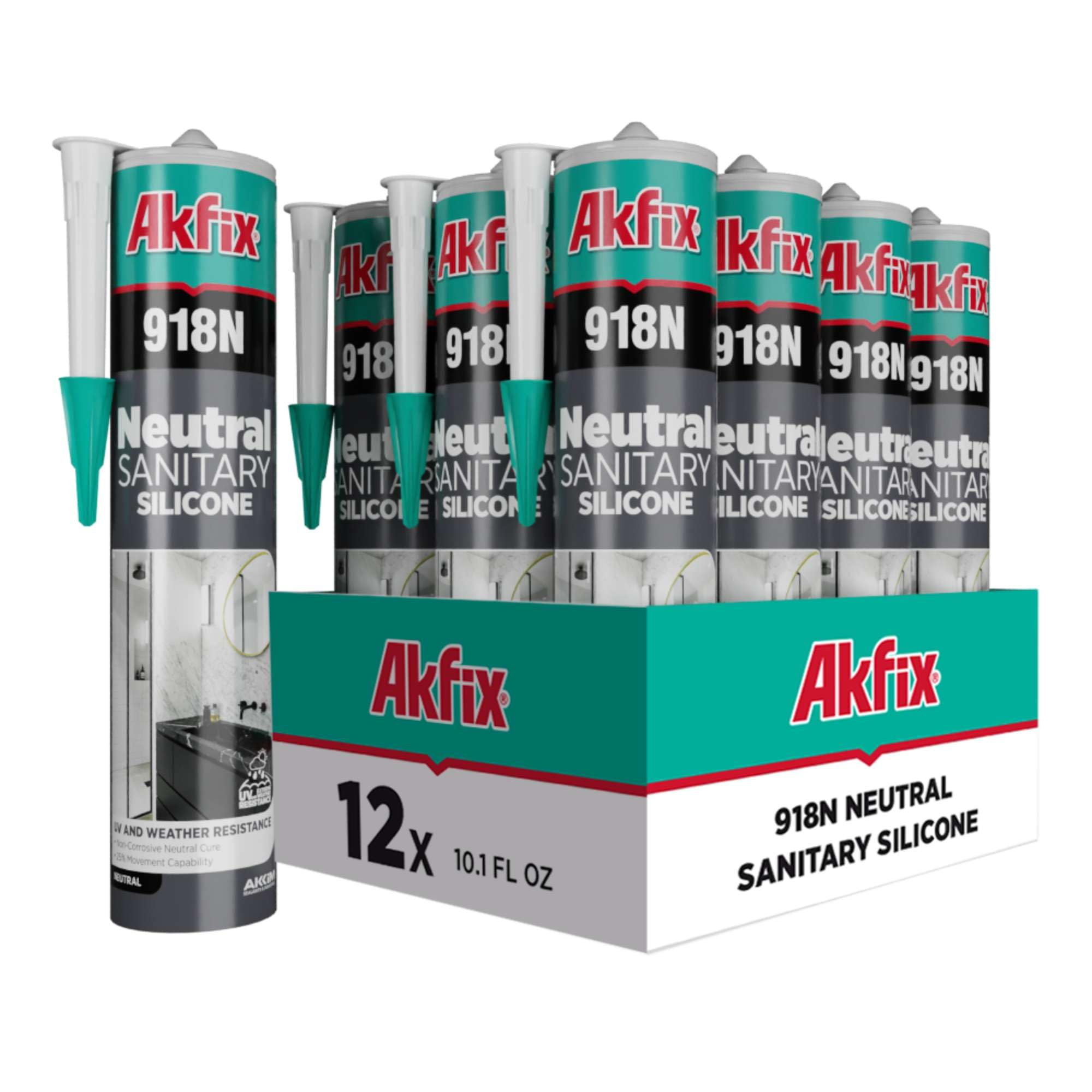 Akfix 918N White 100% Silicone Caulk for Kitchen and Bathroom (12x10.5 fl.oz.) - Solvent-Free, Low Odor, UV & Water Resistant, Fast Curing, Paintable, High Elasticity Silicone Sealant | White, 12 Pack