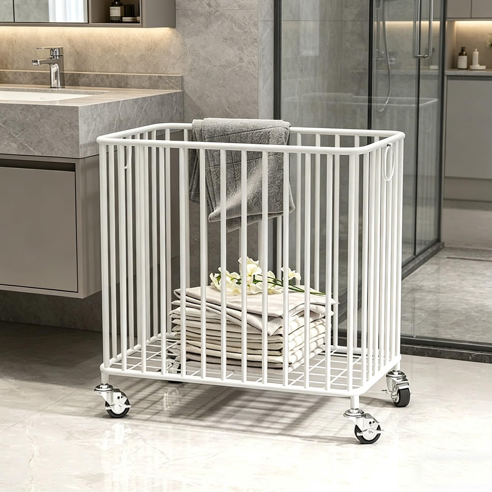 Folding Laundry Basket Household Storage with Wheels,Metal Rolling Hamper Cart with Pull Ring,Clothes Sorter Trolley Shelf for Bedroom