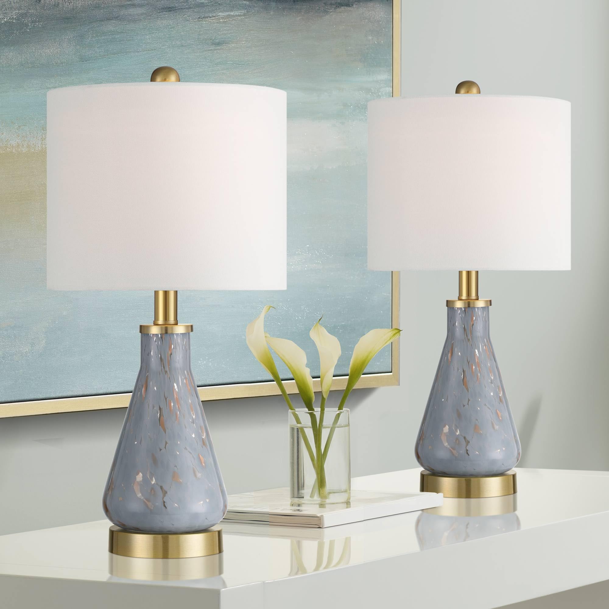 360 Lighting Alexia 20" High Small Modern Accent Table Lamps Set of 2 Gold Blue Finish Glass Fabric White Shade Living Room Bedroom Bedside Nightstand
