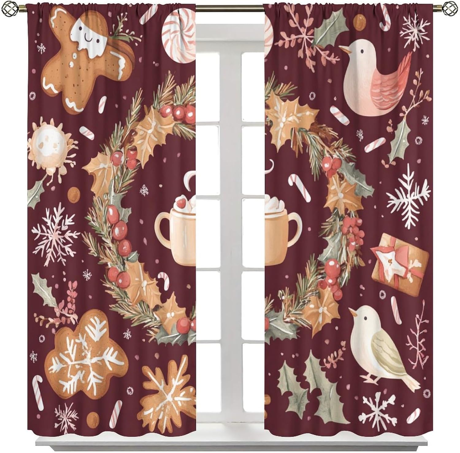 Abstract Gingerbread Blackout Curtains for Bedroom, Grommet Drapes Thermal Insulated Room Darkening Snowflake Bird Leaves Fantasy Curtains, 21W x 45L, 2 Panels