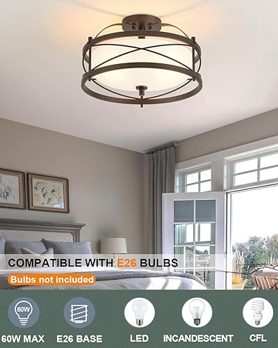 Miniatura 8 de Lámpara de tambor de entrada, lámpara de techo rústica semiempotrada para pasillo, sala de estar, dormitorio, cocina, acabado de bronce antiguo