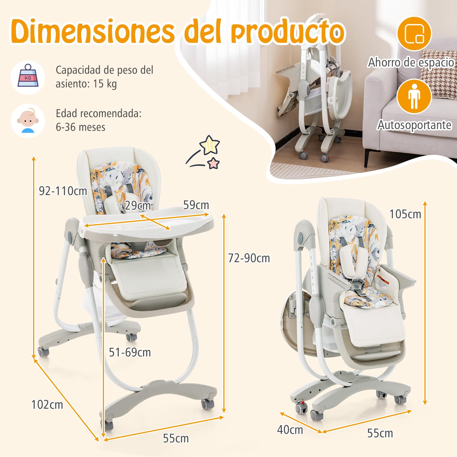 COSTWAY Tronas de Bebe Plegable, Trona Portatil Multifuncional con Ruedas Giratorias, 7 Altura Ajustable, Reposapiés y Respaldo, Bandeja de Comida Extraíble, para 6-36 Meses (Blanco)