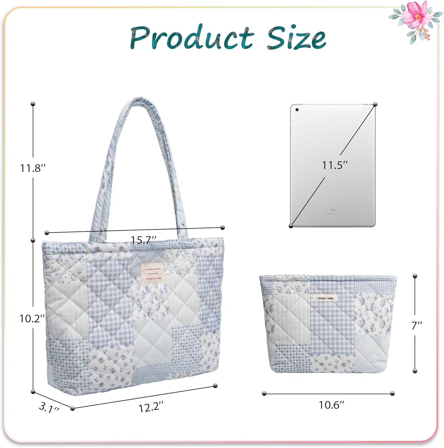 Floral Puffer Tote Bag Set for Women, Quilted Cotton Shoulder Bag with Zippered Pouch, Small Cute Totes