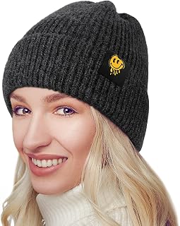 KQueenStar Knit Beanie Hats for Women - Winter Warm Slouchy Beanies Smile Face Cuffed Knitted Beanie Toque Stretch Bonnet