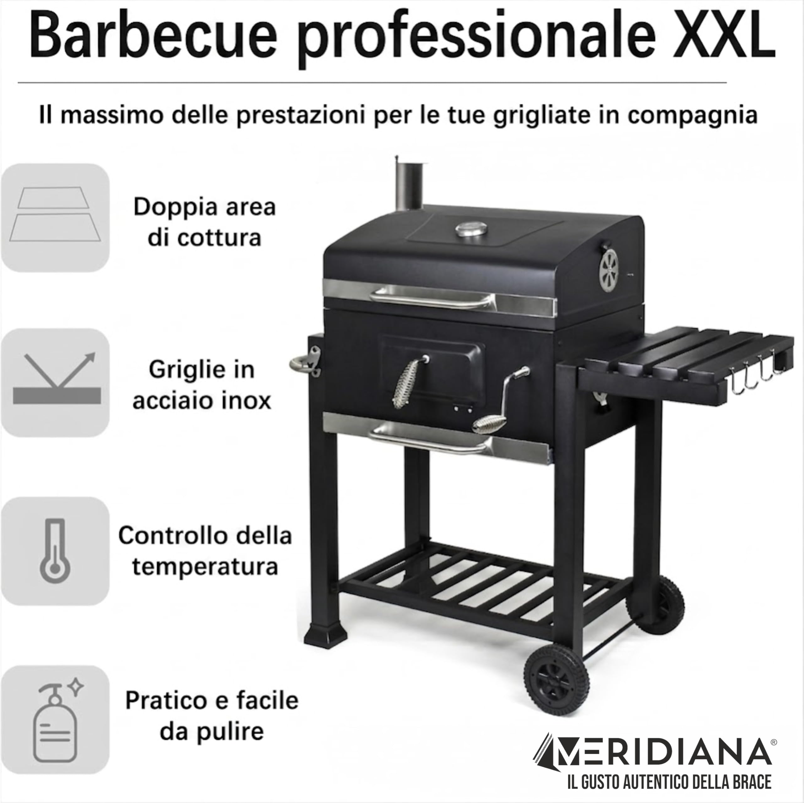 Meridiana Barbecue a Carbonella XXL con Coperchio e Termometro, Griglia in Acciaio Inox