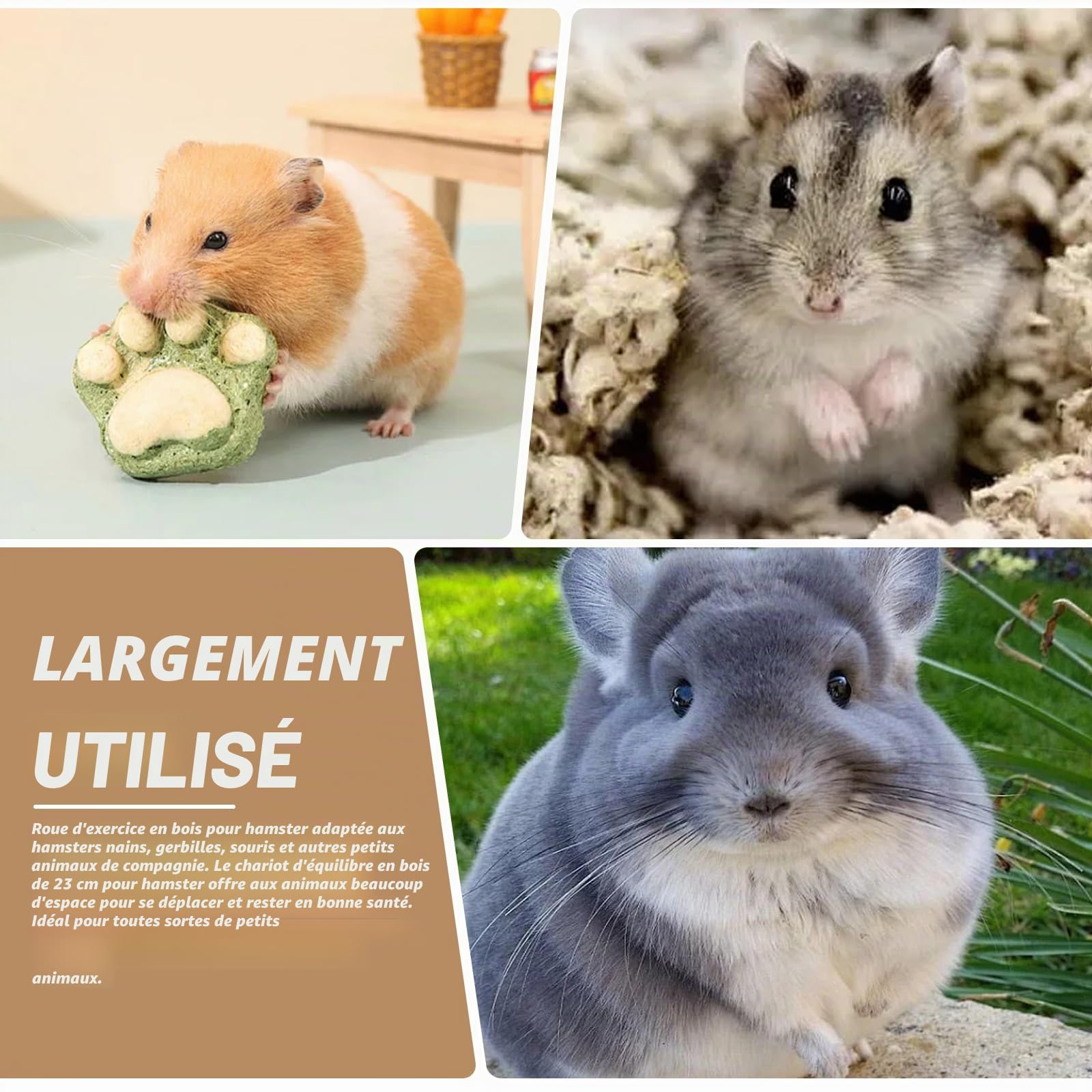 Roue d'Exercice en Bois 23 cm pour Hamster, Silencieux - Jouet pour Petits Animaux, Gerbilles, Souris et Hamsters Nains