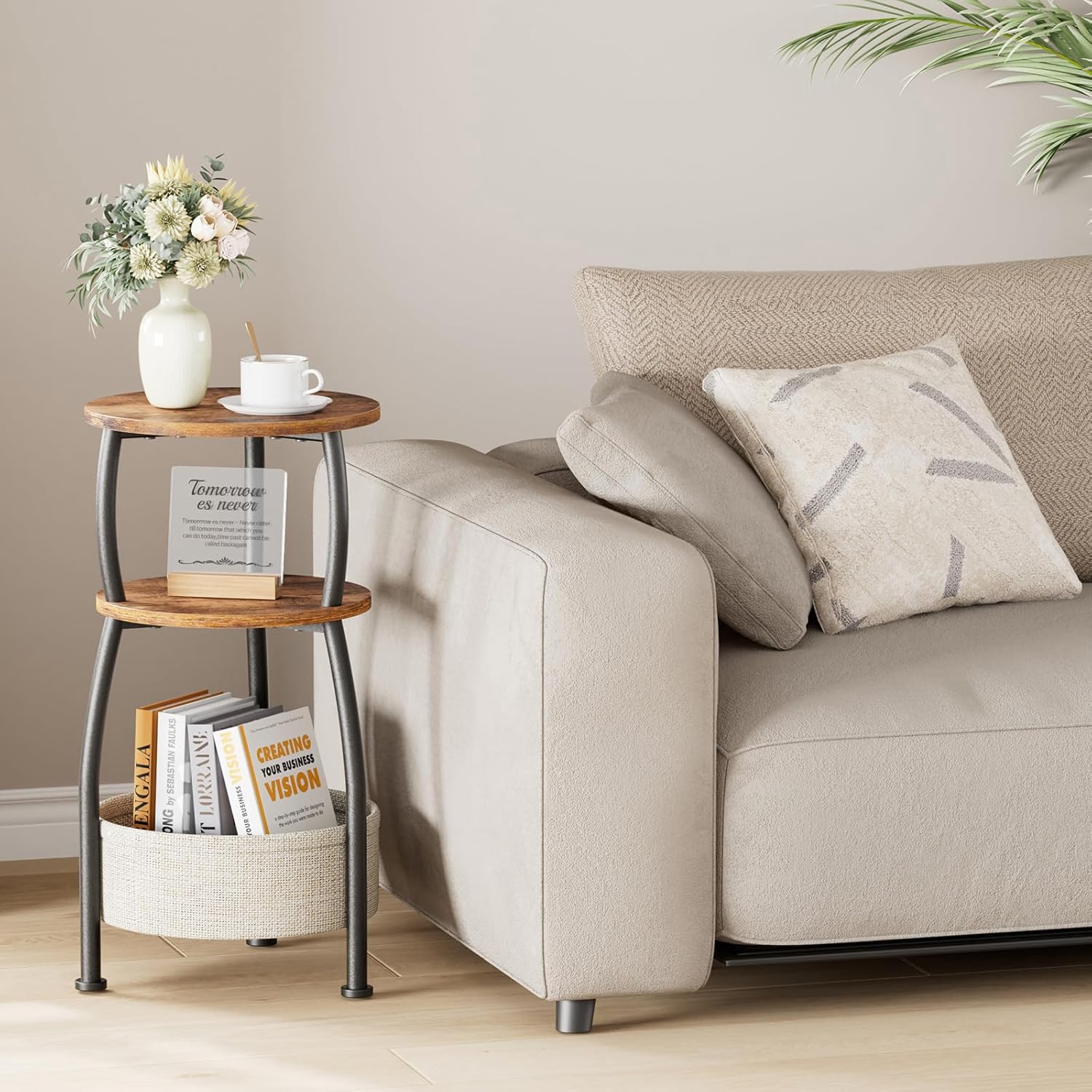 Small Side Table for Small Spaces with Storage Basket, Round End Table 3-Tier NightStand Sofa Corner Table for Living Room, Bedroom, Patio and More 24in Tall Rustic Brown