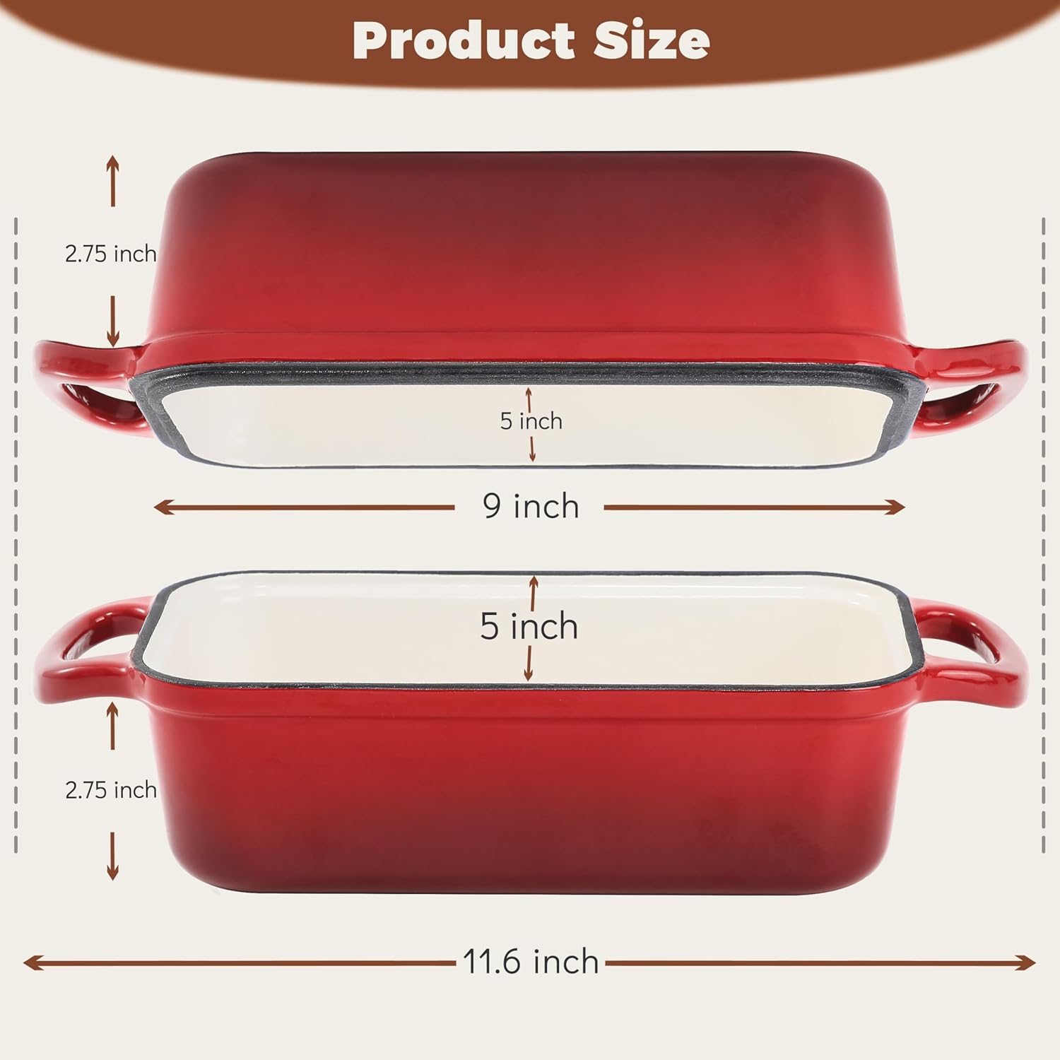 cast iron bread loaf pan with lid, 2 in 1 loaf pans for baking bread 9x5, enameled bread pans for homemade bread, sourdough, even heating bread dutch oven, red