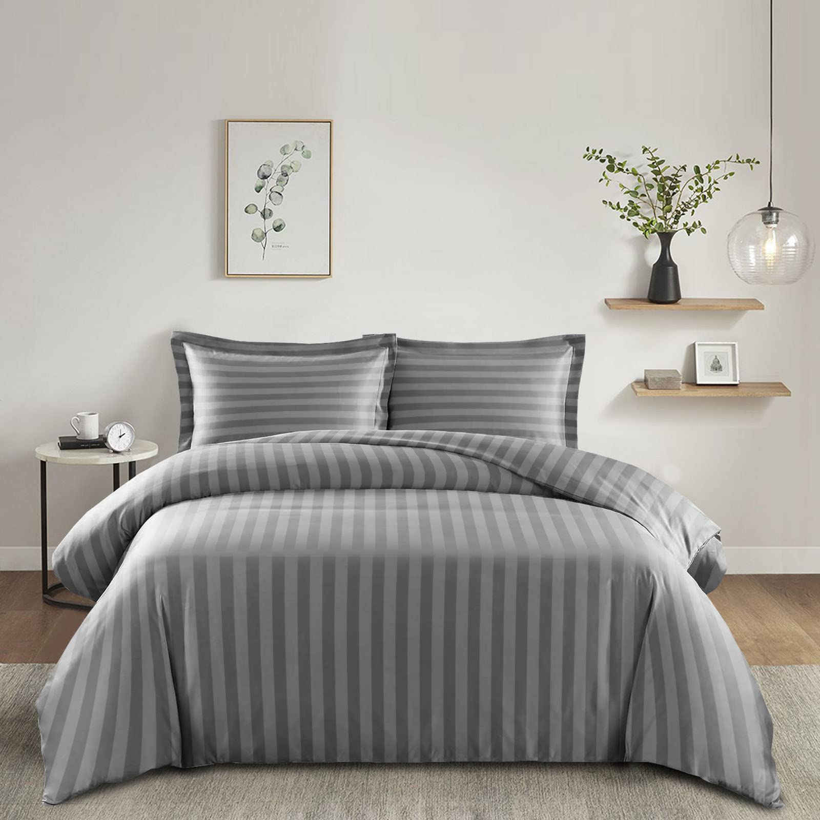 Imperial Rooms Double Duvet Set Reversible Stripes Satin Bedding Set including Pillowcases Breathable Microfiber Duvet Cover (Grey 200x200 Cm) - Image 2