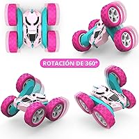 Vista 3 de Auto a control remoto para niñas, auto a control remoto rosa de doble cara con giro de 360° con faros, juguetes de princesa para niñas, auto