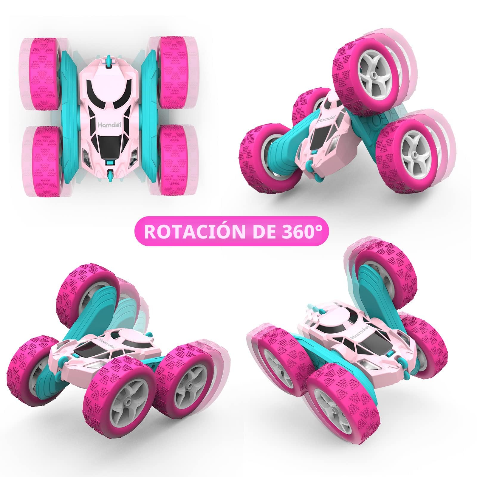 Hamdol Coche de control remoto rosa para niñas, auto de acrobacias giratorio de 360° con faros LED, vehículo eléctrico recargable de juguete 4WD, regalo de princesa para niñas de 6, 7