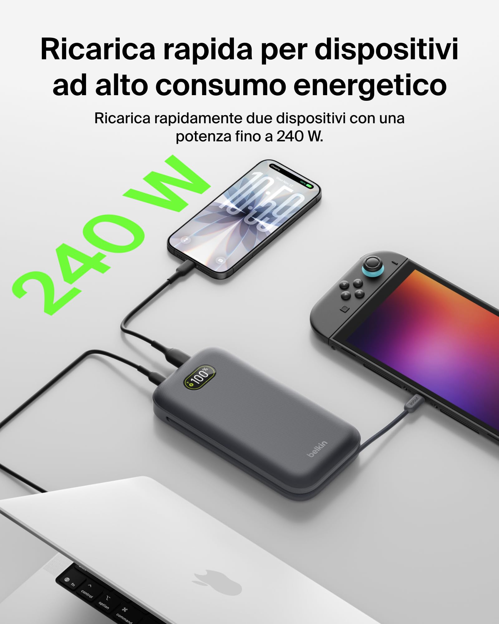 Belkin UltraCharge Pro Power Bank 27000mAh, Caricatore Portatile con Cavo USB C Integrato, USB PD 240W, Power Bank Portatile con Carica Rapida per MacBook Pro, iPhone, iPad Pro, Galaxy, Pixel, Carbone