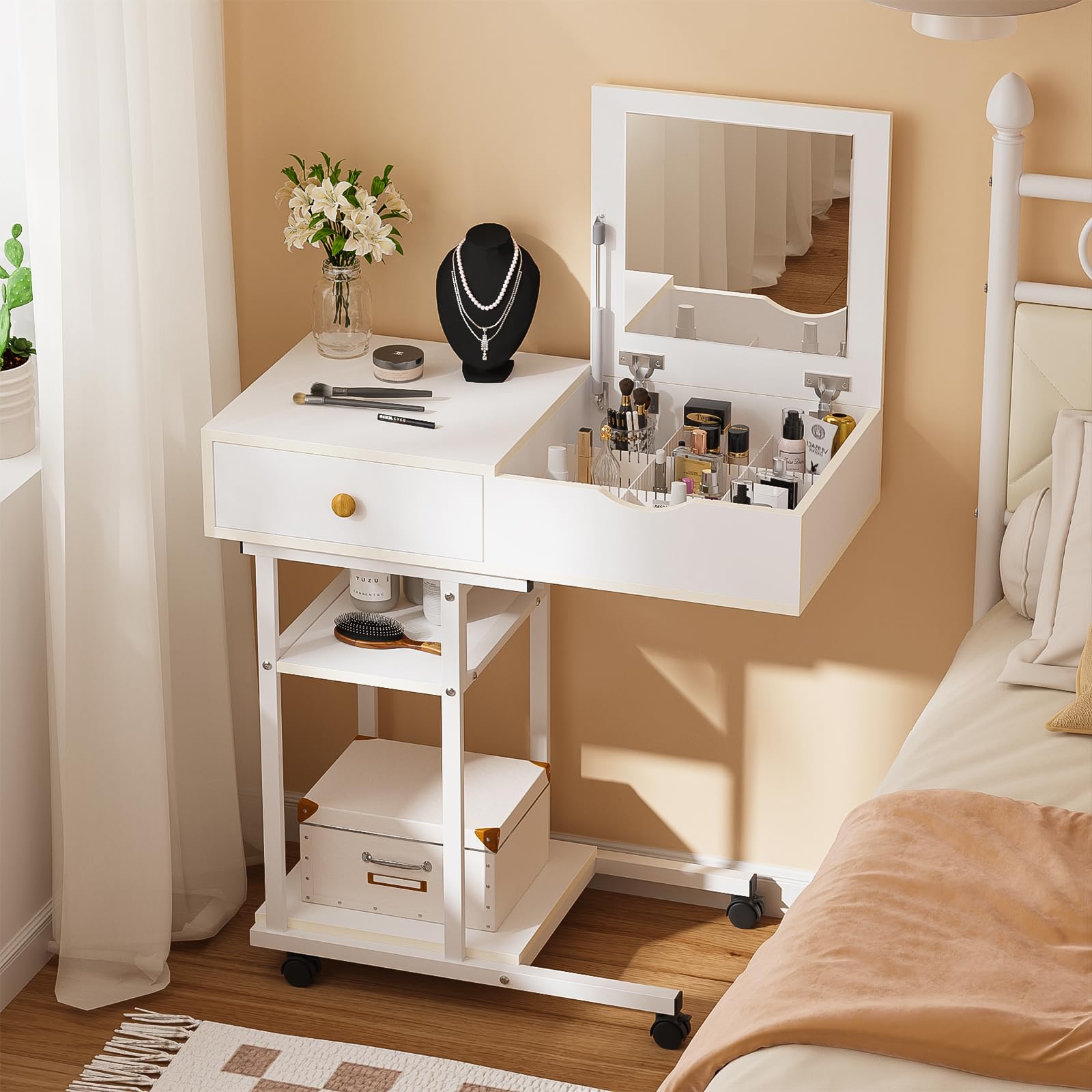 Tocador movible Ulifance para espacios pequeños con espejo y cajones para dormitorio