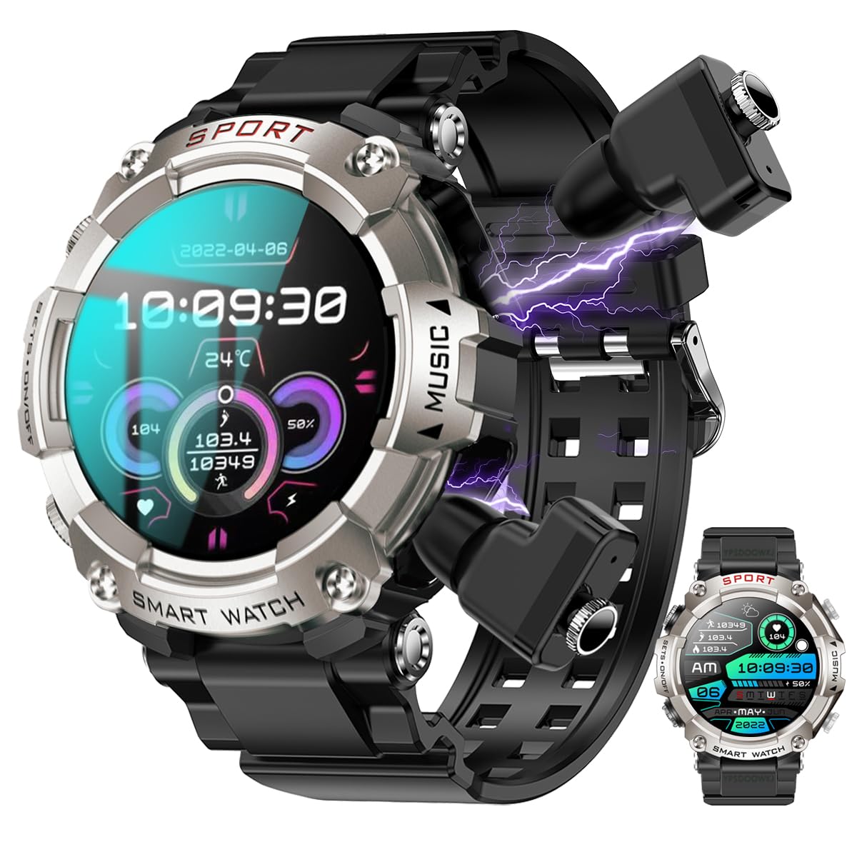 UYRGT Smart Watch with Earbuds, 1.5 Inch Full Touch Screen Fitness Tracker, Headset Built-in, for Men and Women, Rugged Military Bluetooth Call(Answer