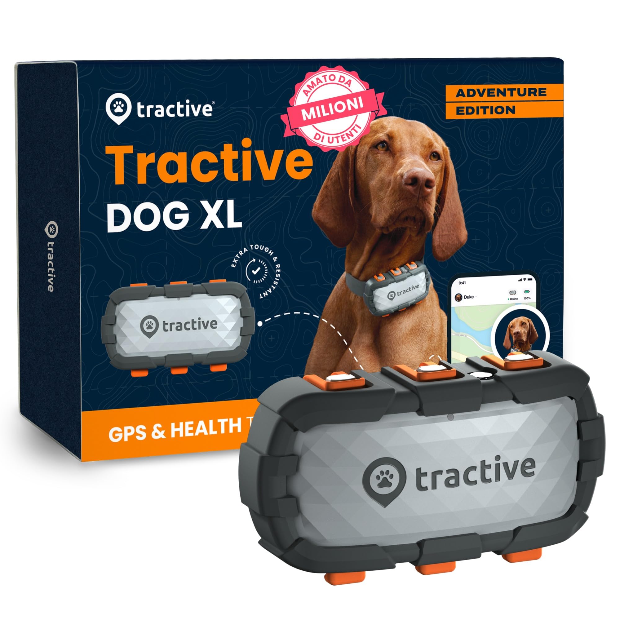 Tractive - GPS per cani XL Adventure - Rivestimento in fibra di vetro - Fino a 1 mese di batteria - Localizzazione GPS - Notifiche antifuga - Monitor di attività - Avvisi di salute