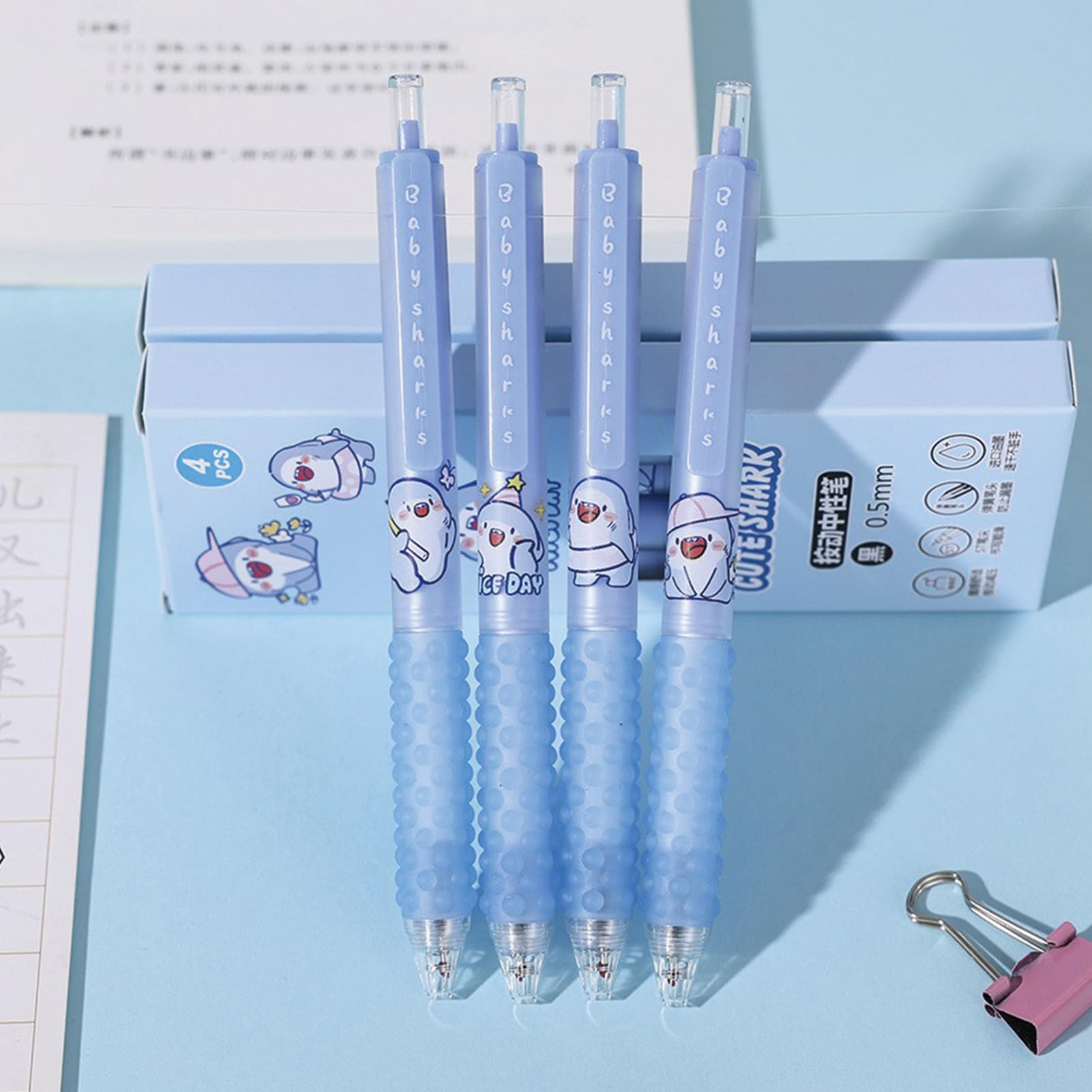 4 szt. urocze długopisy z motywem rekina, kreskówka, chowane, 0,5 mm, czarny atrament, długopis kawaii, dla dziewcząt, chłopców, kobiet, mężczyzn, biurowe przybory szkolne (rekin)