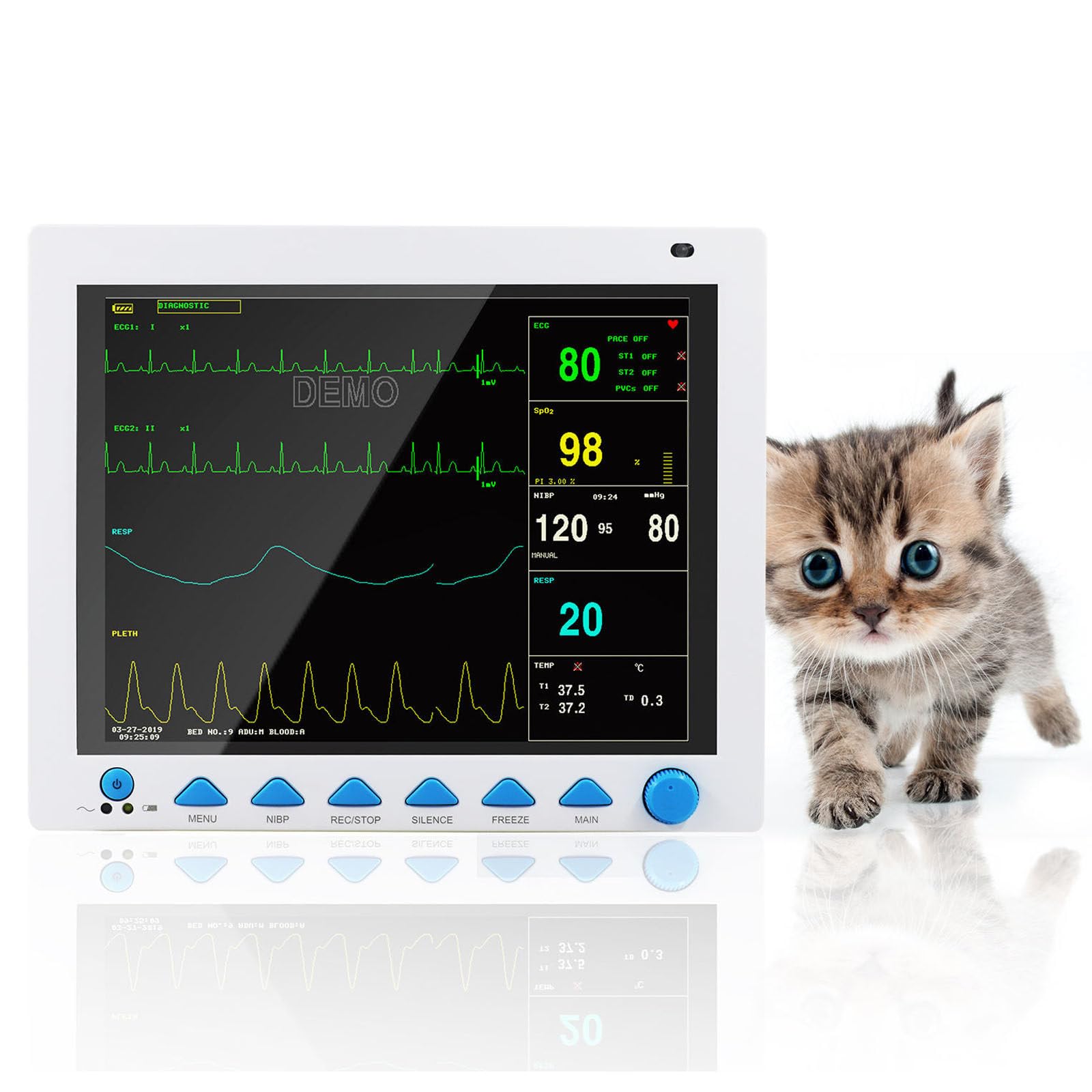 BoluDukNN 12.1" Veterinary Multi-parameter Monitor,6-in-1 Vital Signs Monitor with Ecg, Resp, Nibp, Spo2, Dual-Channel Temp, 8-Waveform Display