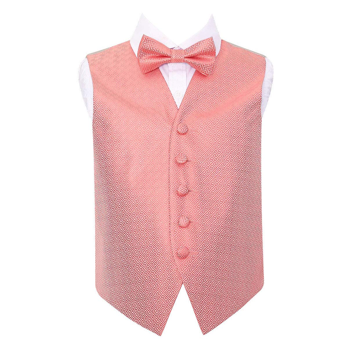 DQT Boys Greek Key Jacquard Waistcoat & Pre-Tied Bow Tie Set (2pc) - Wedding Pageboy Formal Vest - Coral 5-6 Years 26"