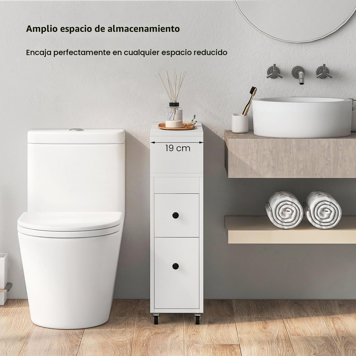 FANTASK Carrito nicho con Ruedas, 50 x 19 x 72 cm, cajones de Mimbre y portaescobillas, Armario Estrecho para baño, Color Blanco